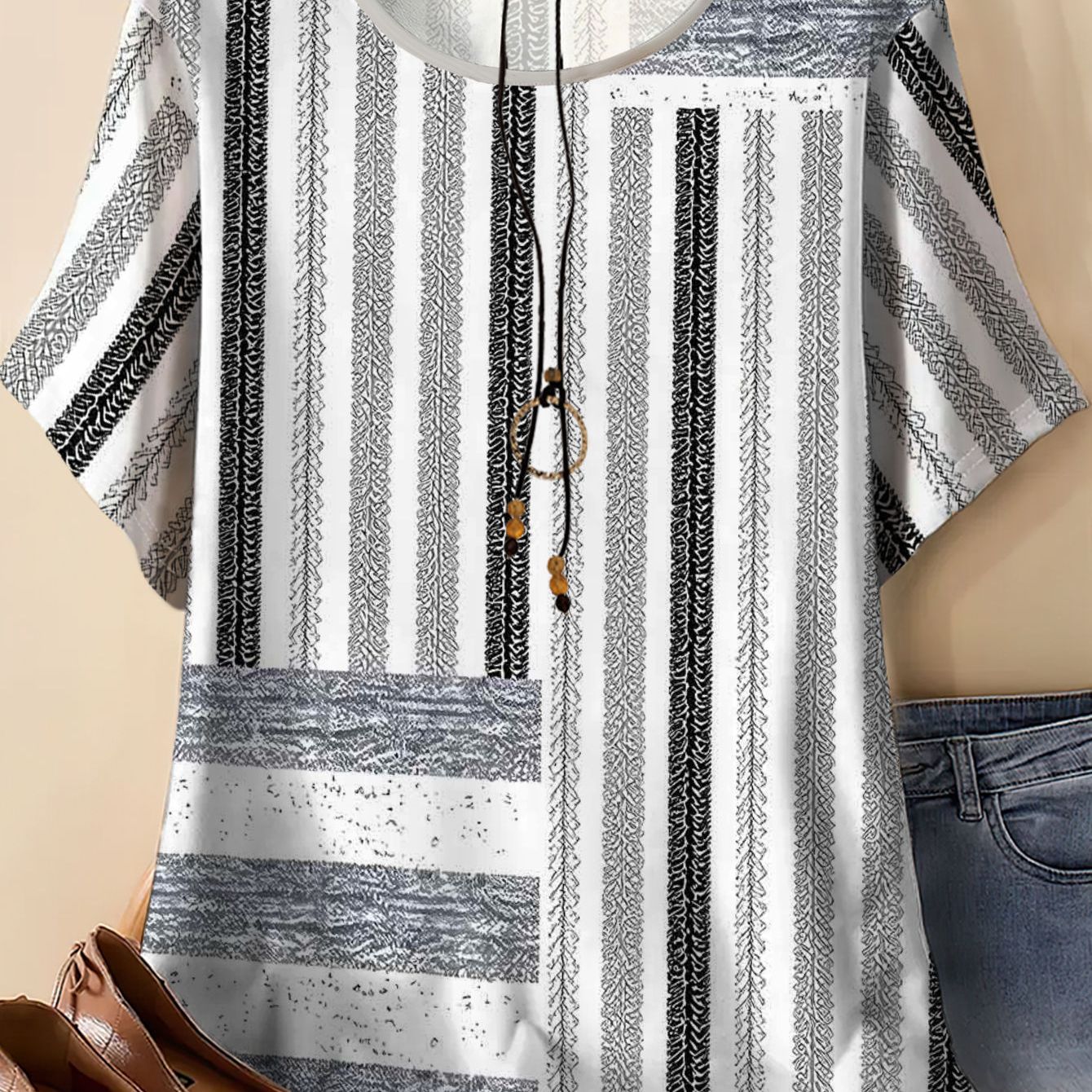 TEMU Women's Plus-size Striped Loose Short-sleeve Top, Casual And Versatile For Summer, Comfortable, Breathable, And Stylish T-shirt