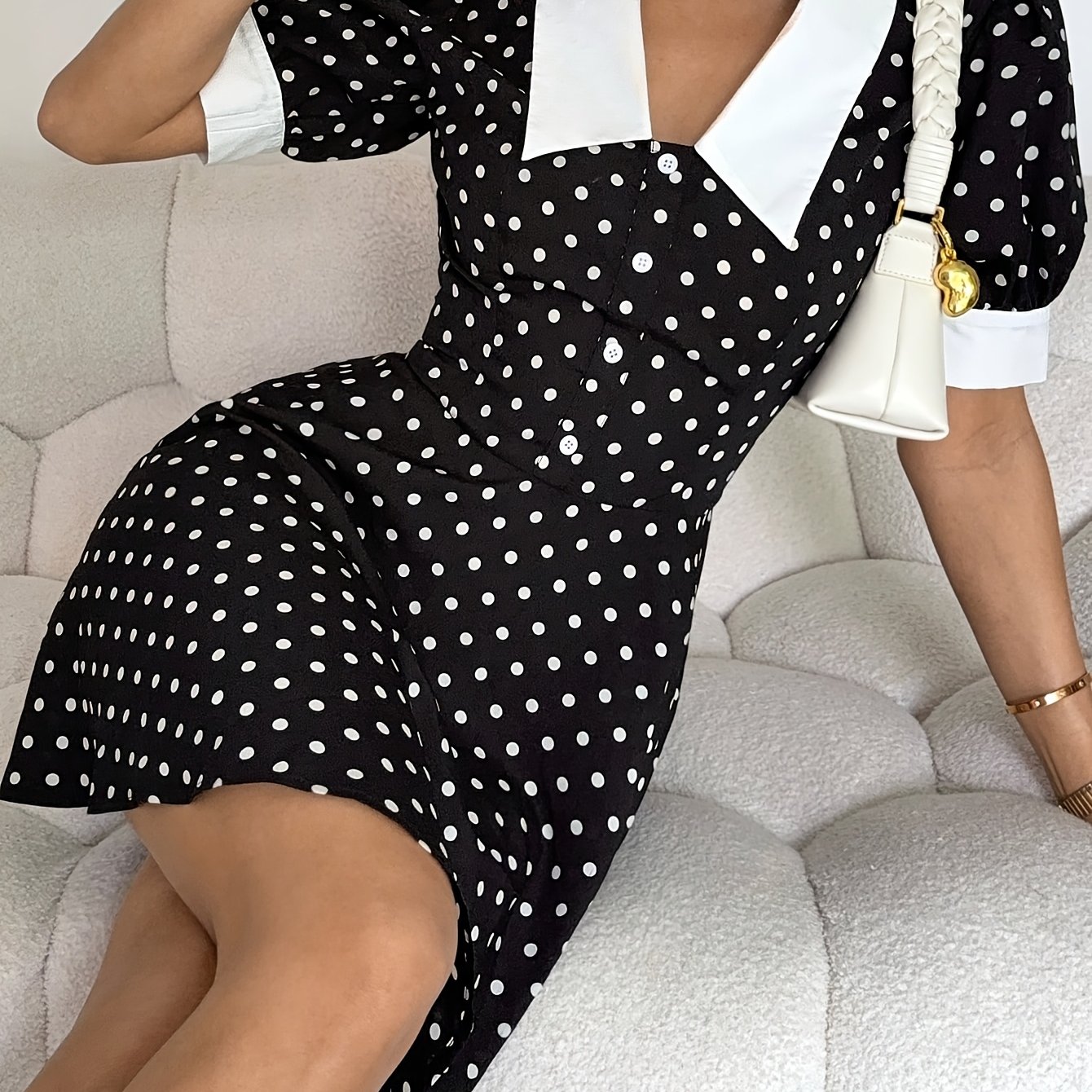 TEMU Summer New Women's Polka Dot Cinched A-line Dress, Collar Design And , Suitable For Dates And Commuting