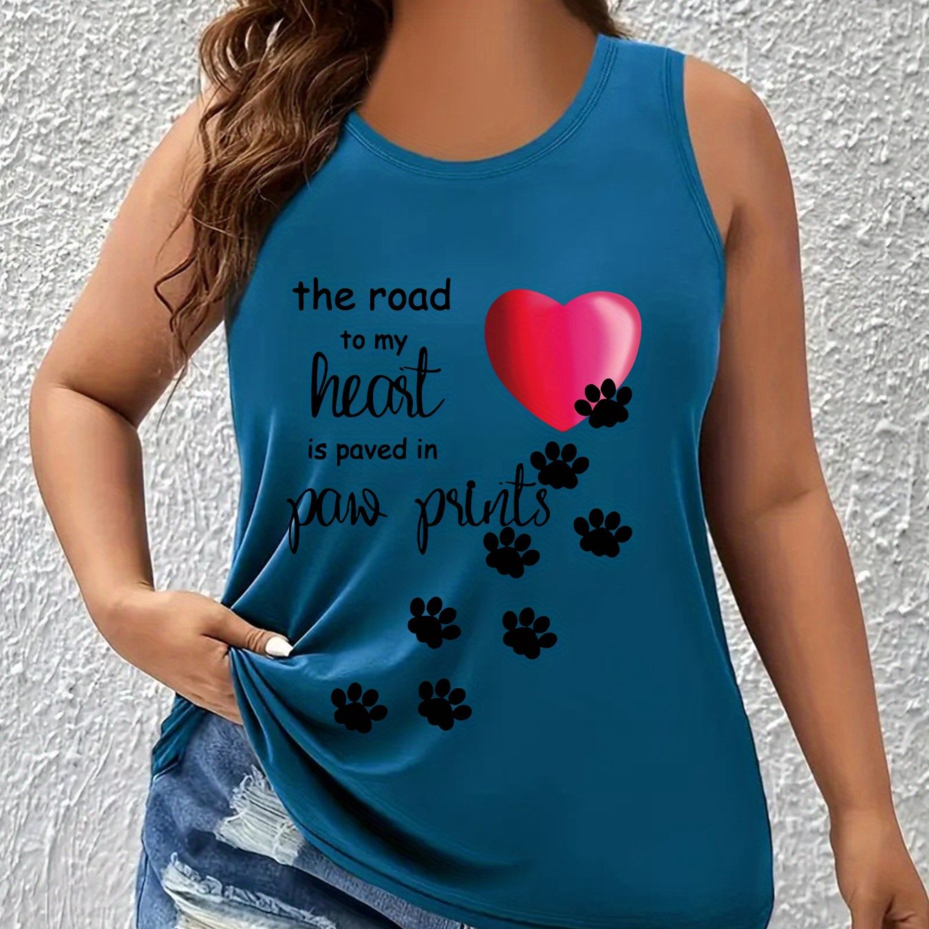 TEMU Women's Plus Size Top With Paw Print And - " Has 4 Legs And A Tail" - Casual, Sleeveless, Wear, Casual Wear| Print|stretchy Fabric