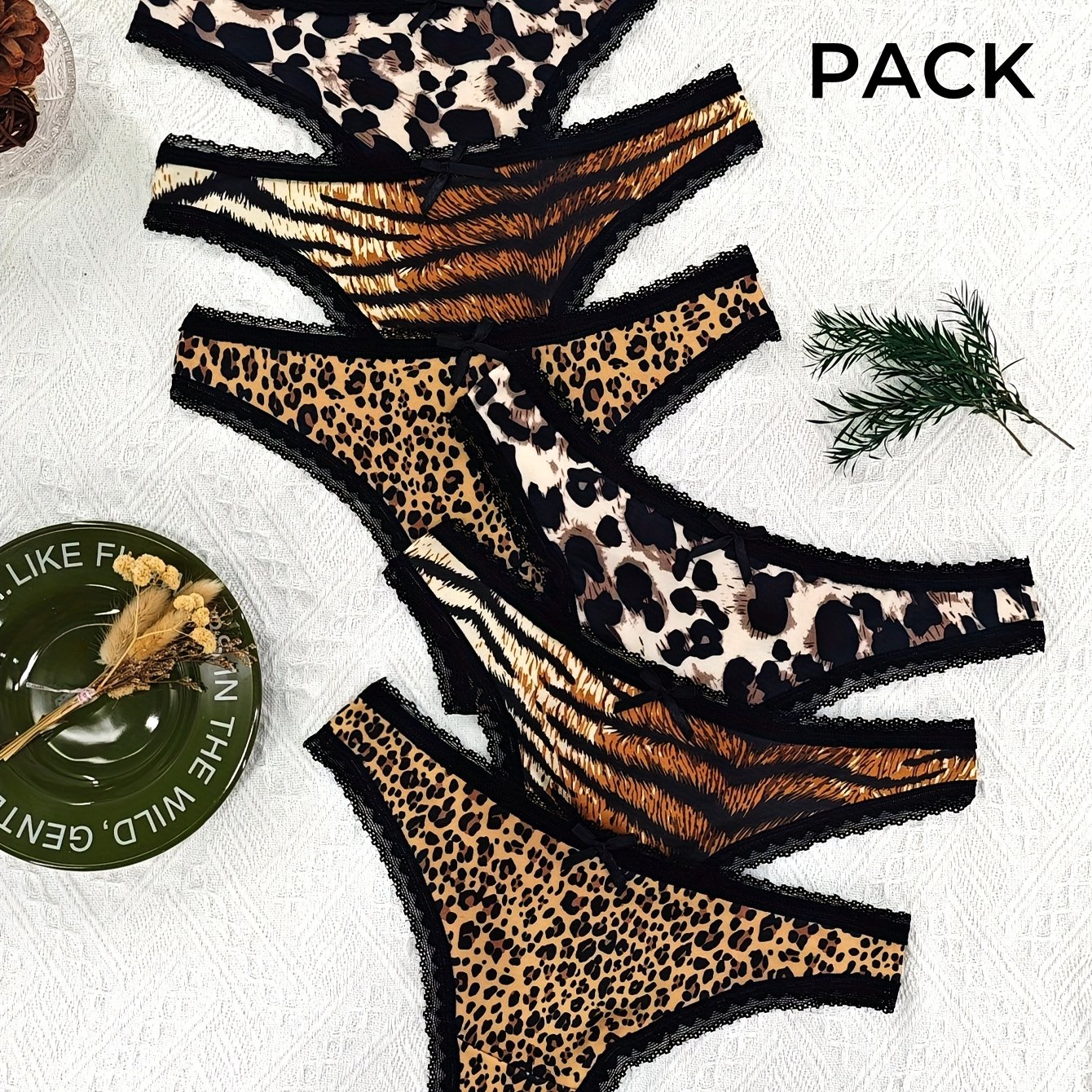 E-shop 6 Stück Leopardenmuster Spitzen-Thong-Höschen, Sexy Atmungsaktives Schnell Trocknendes Unterwäsche für Frauen, Bequemer Minimalistischer