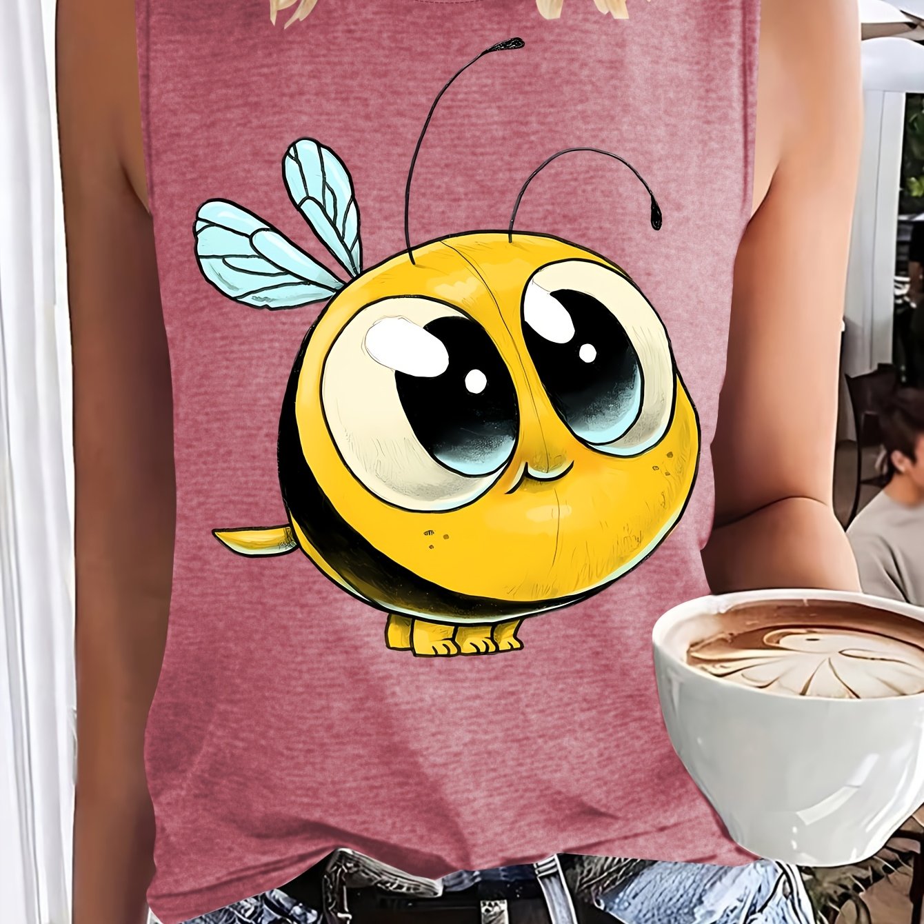 TEMU Women's Summer Clothing: Big- Bee Cute Cartoon Print Round Neck Sleeveless Tank Top, Suitable For Daily And Formal Wear, Fashionable Sporty