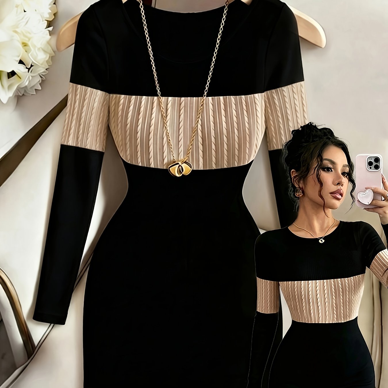 TEMU Vestido de otoño/invierno para mujer, elegante, de ajuste entallado, con bloques de color y elasticidad, adecuado para uso diario casual,