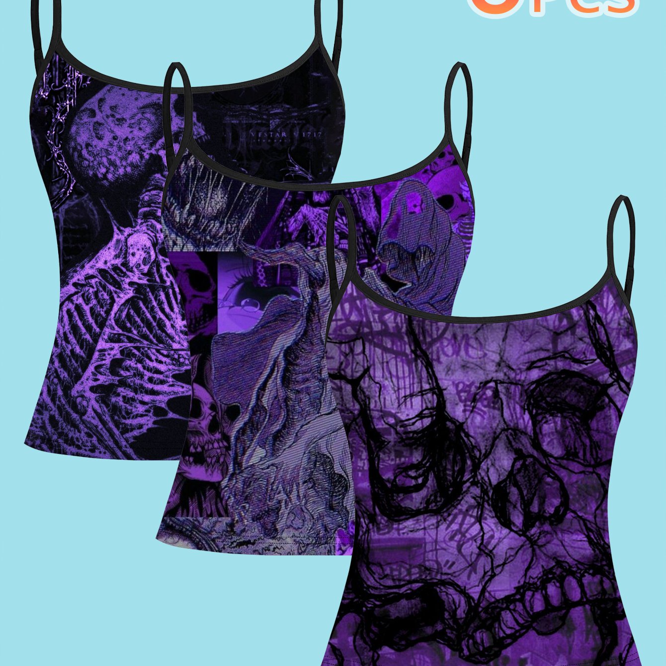 TEMU 3pcs Set Dark Style Skull Print Spaghetti Strap Camisole Visual Art Top