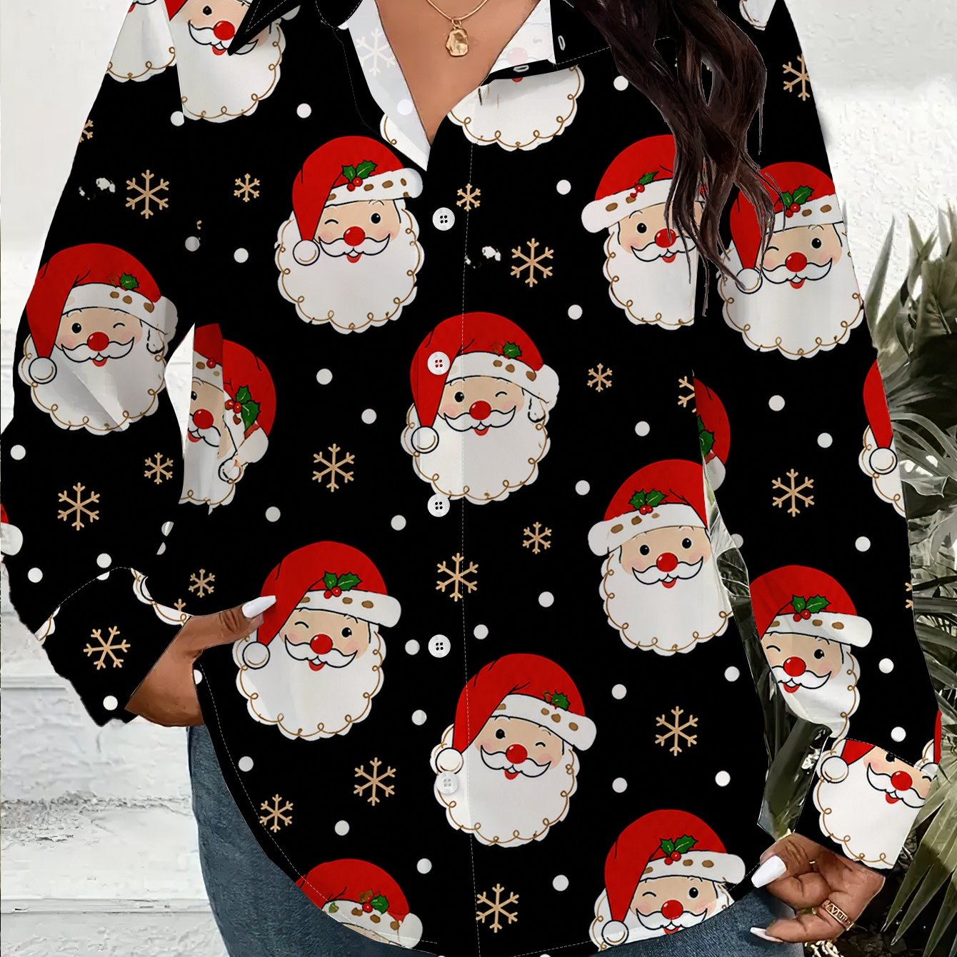TEMU Women's Plus Size Button- Cardigan Long Sleeve Single Piece Printed Shirt 1xl-9xl Santa Claus Snowflake Pattern Loose Fit Casual Autumn Party