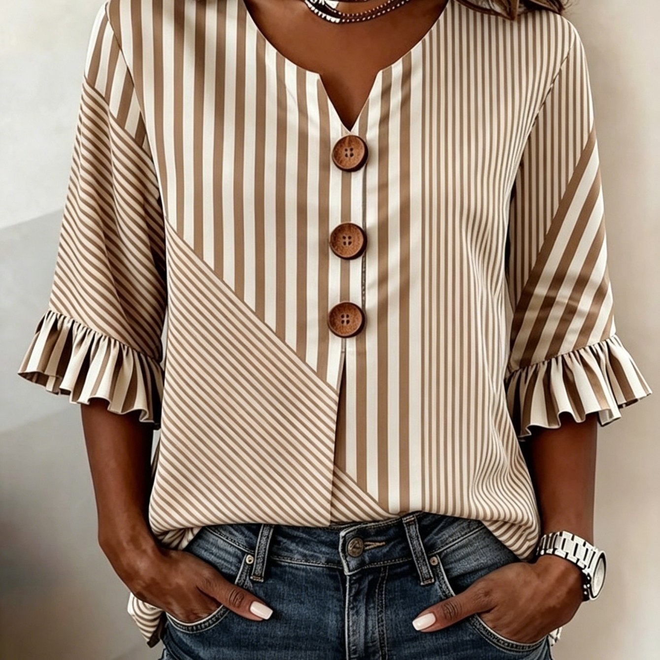 2d Flat Printing Bohemian Style Printed Button V-neck Ruffle Sleeve Shirt