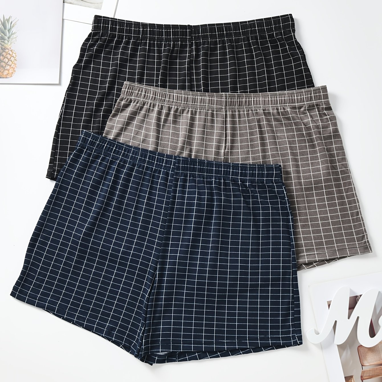 TEMU 3pcs Men's Loose-fit Argyle Print Boxer Briefs - Lightweight Breathable Underwear With Elastic Waistband, High-stretch Fabric For , Machine