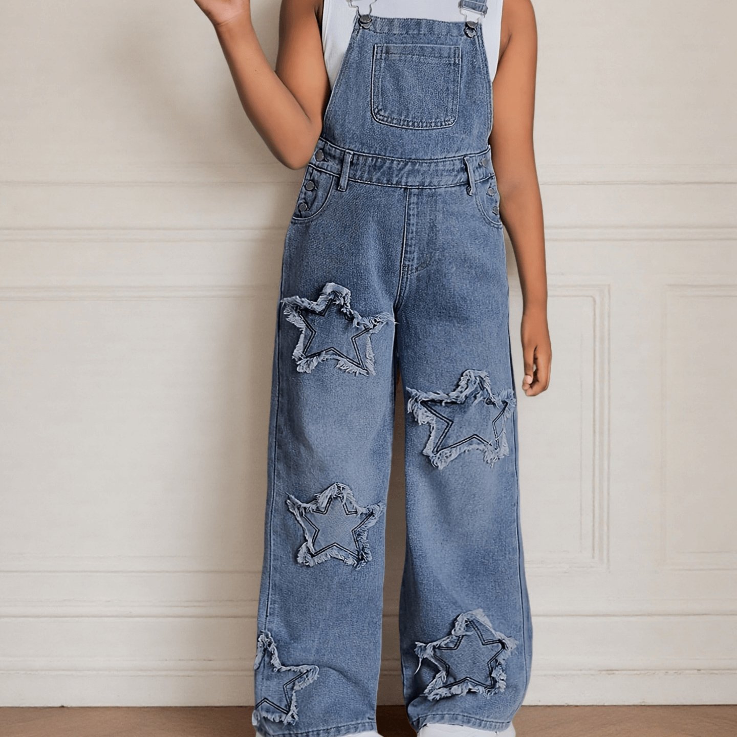 TEMU Casual Wide-leg Denim Overalls For Teen Girls With Star Embroidery - Easy To Wash, For All , Made From Durable Fabric, For Outdoor