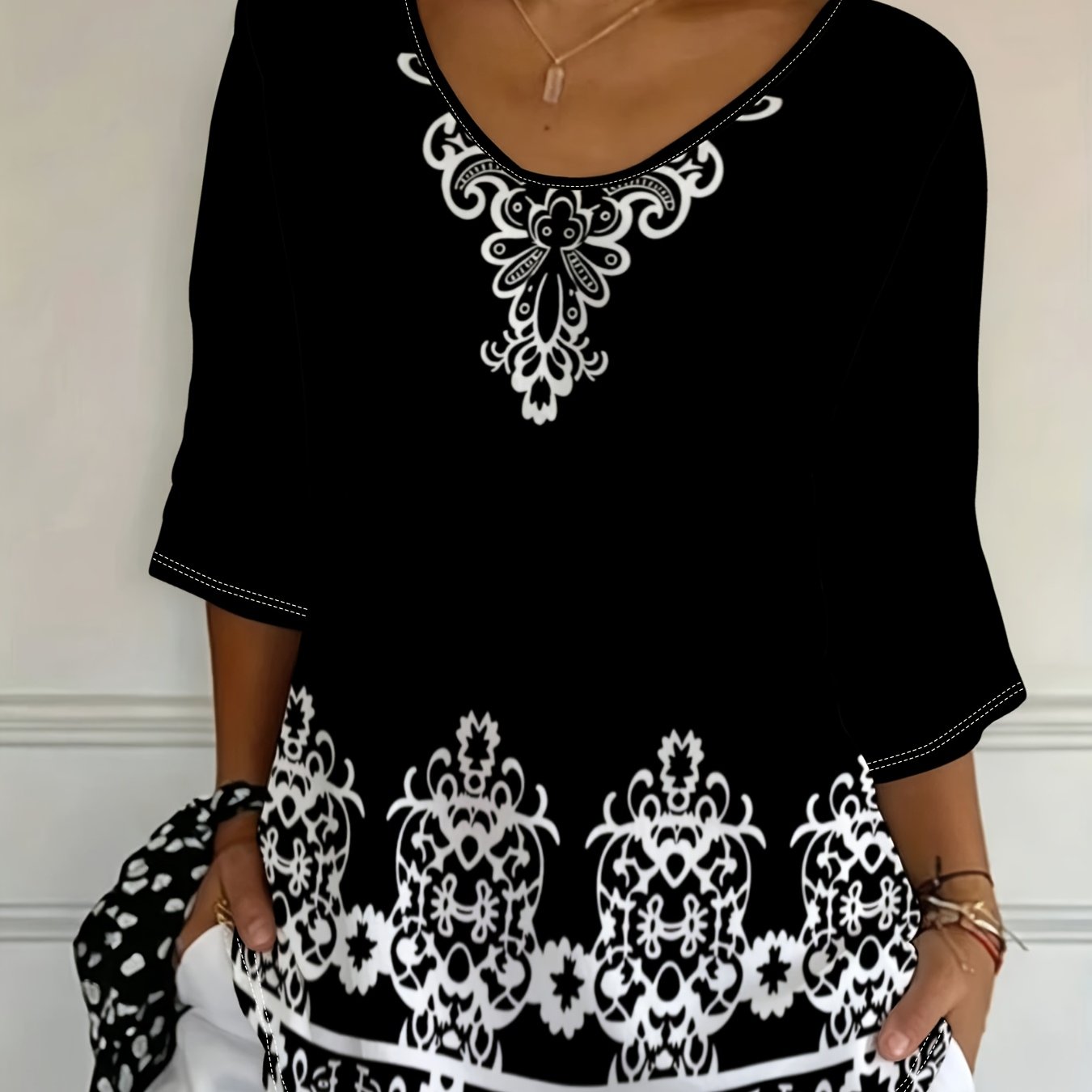 TEMU Plus Size - [printed Design-not Textured] Plus Size Women's Top, Mixed Colors, Multiple Specifications , Elegant Lace , Suitable For Daily Wear