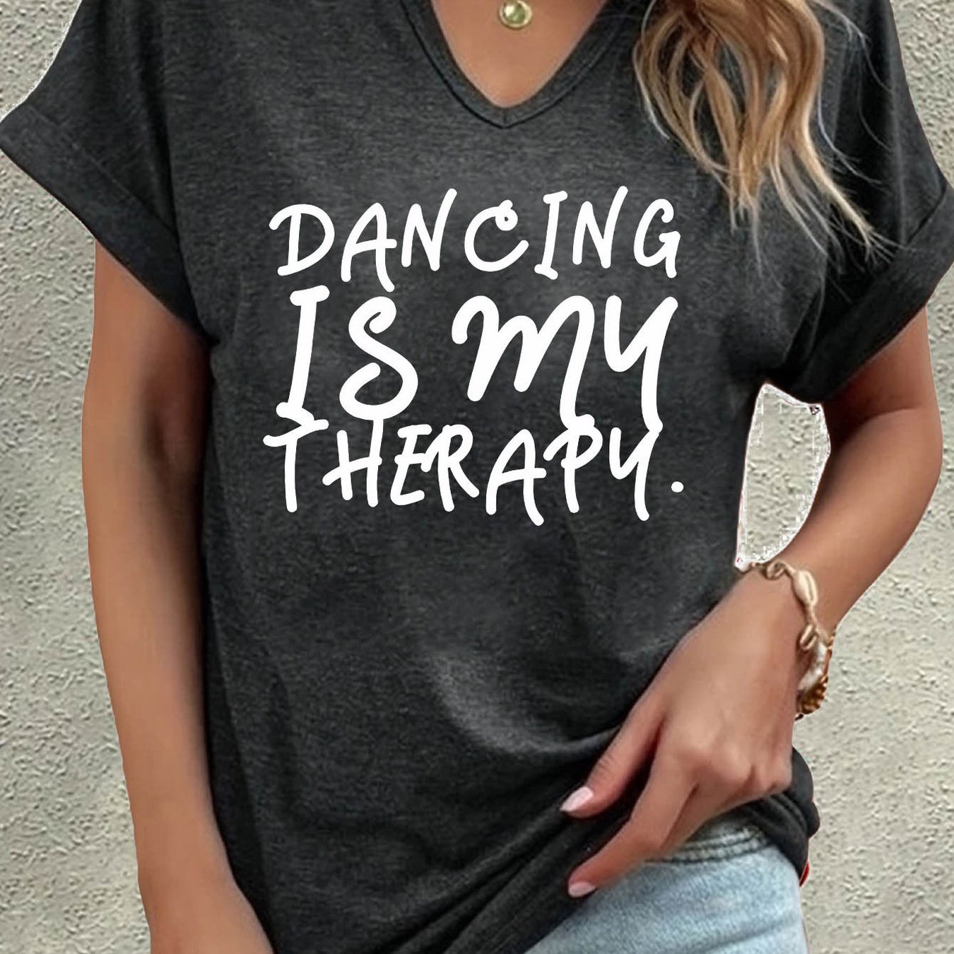 TEMU Dancing Is Letter Print T-shirt Short Sleeve V Neck Casual Top For Summer, Fashion Women's Clothing