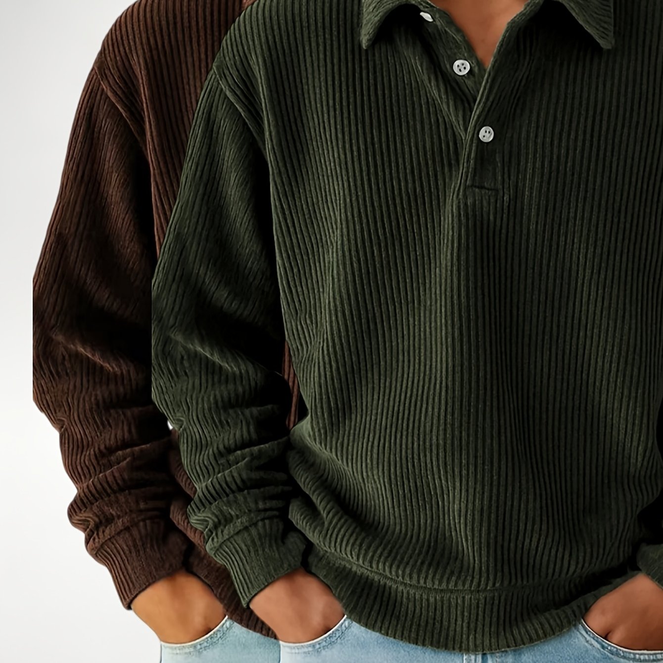 Image of 2pcs Men's Vintage Corduroy Striped Sweatshirts, Long Sleeve Shirt, Collared 3-button Casual Relaxed Fit Textured Hoodies Top, Sweatshirt, Autumn Winter Outdoor Vacation Pullovers