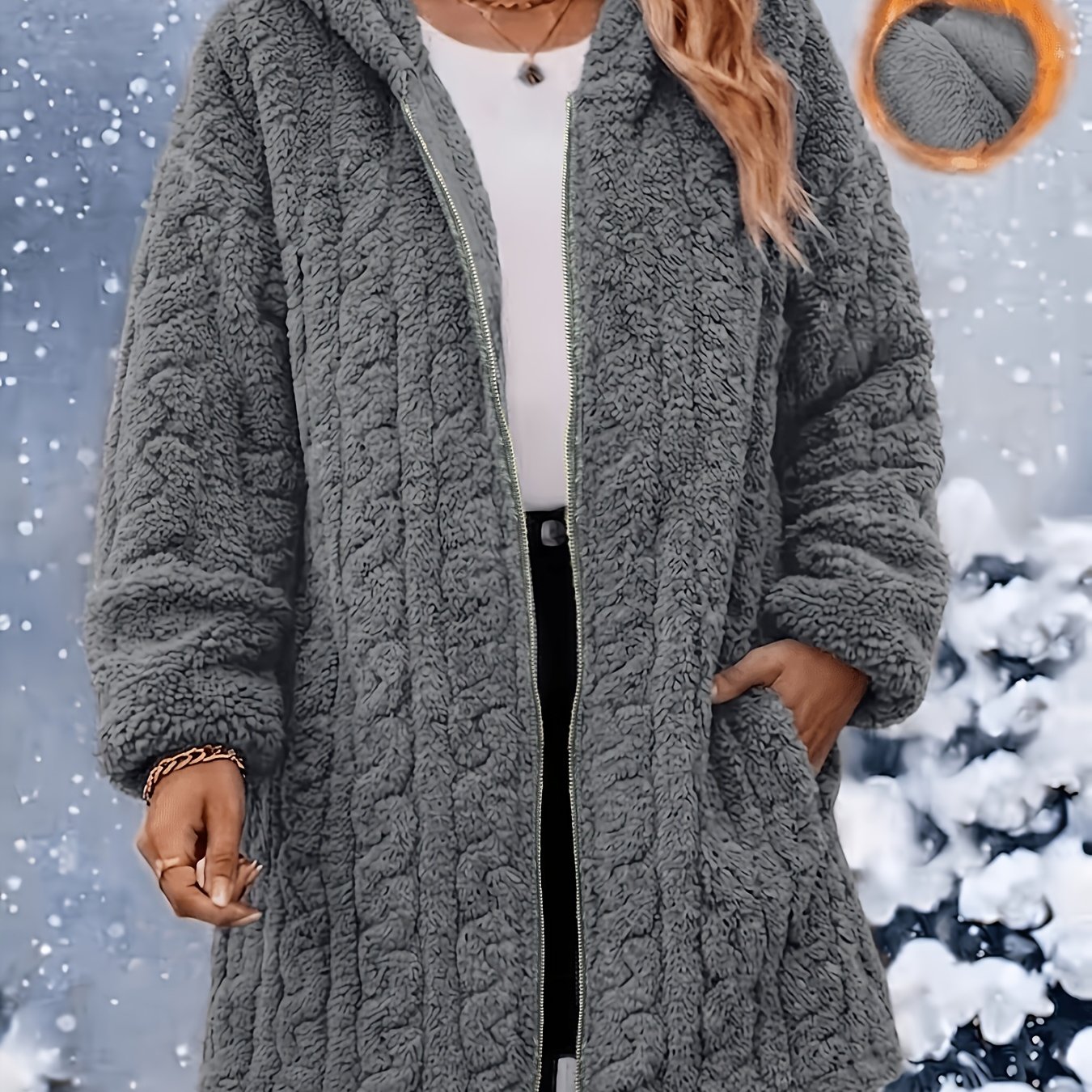 TEMU Plus Size, Plus Size Women's Autumn/winter Cable Hooded Jacket, Solid Color Zippered Mid-length Thickened Warm Teddy