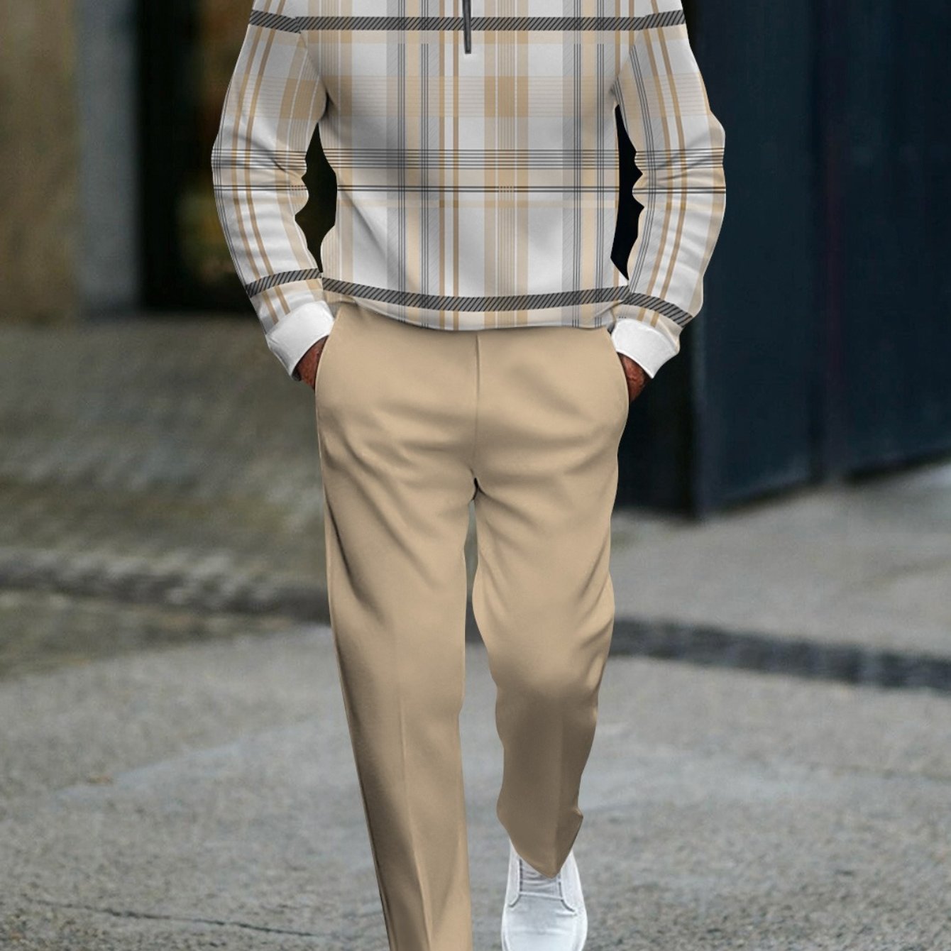 Image of Men's Stylish Casual Two-piece Outfit Featuring A Quarter-zip Sweatshirt With A Beige And White Striped Design, With Khaki Straight-leg Trousers, Street Style