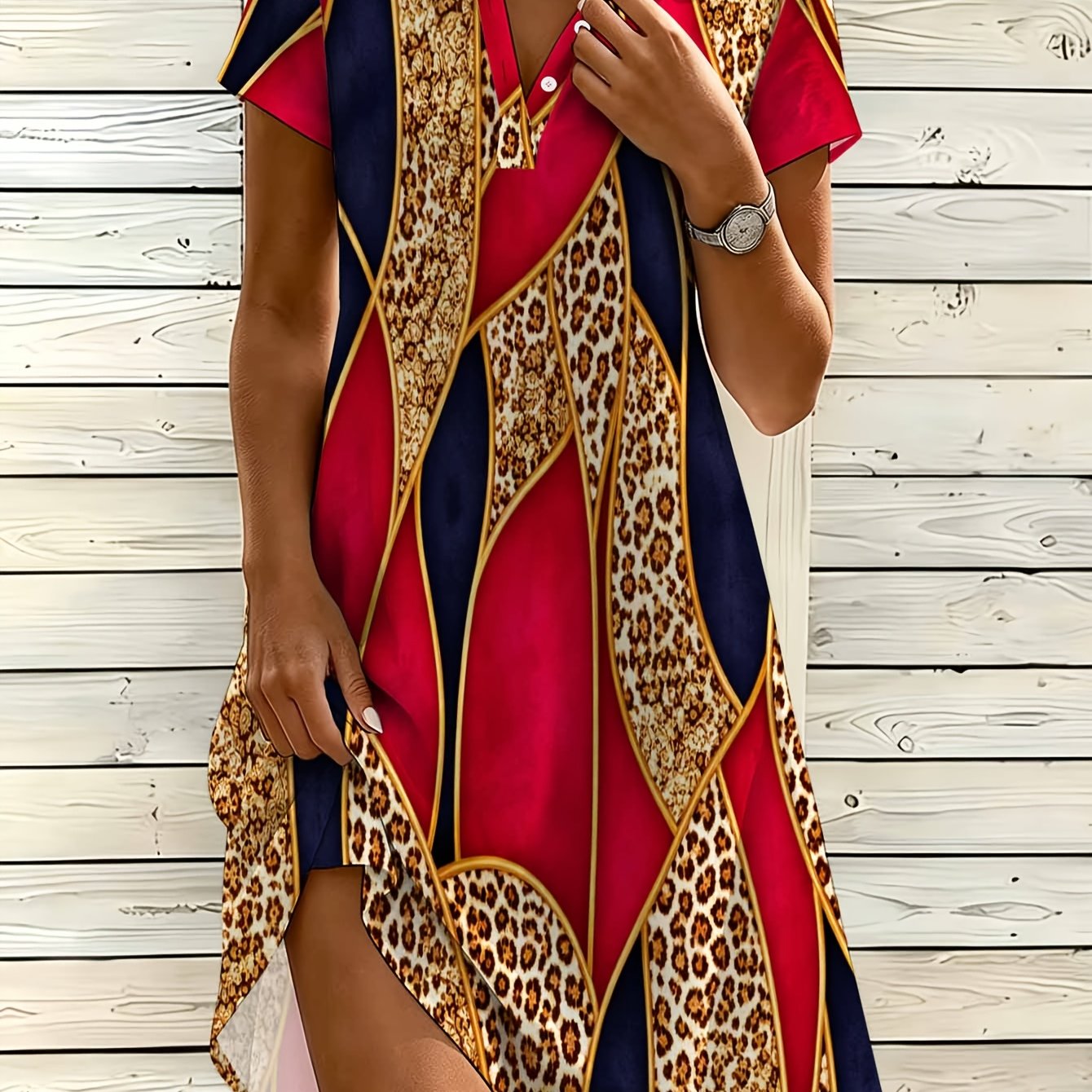 Image of Women's Fashion Shirt Dress, V-neck Button Dress, Vintage Geometric Leopard Print
