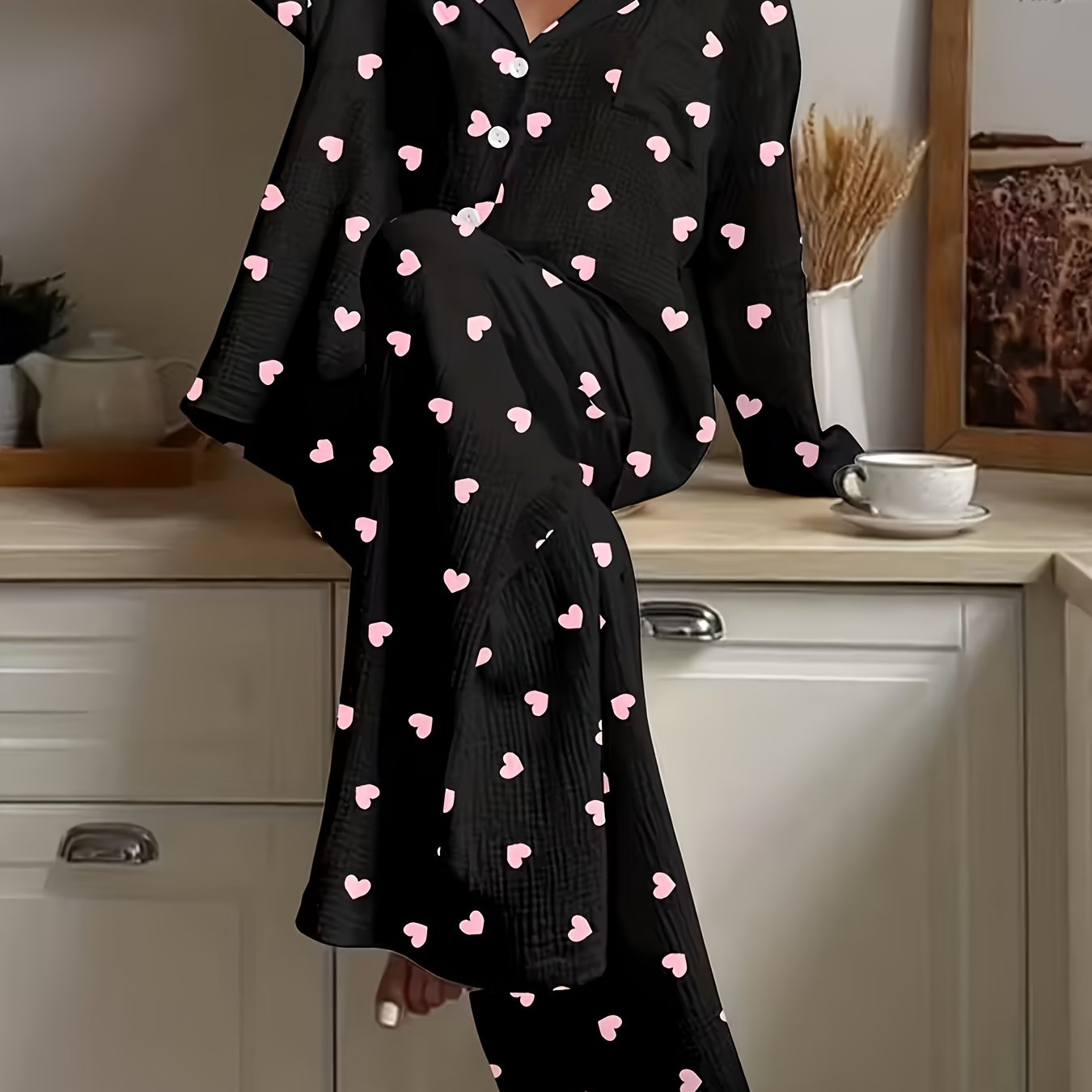 Plus Size Women's Pajama Set, Print Long Sleeve Button-up Shirt And Long Pants