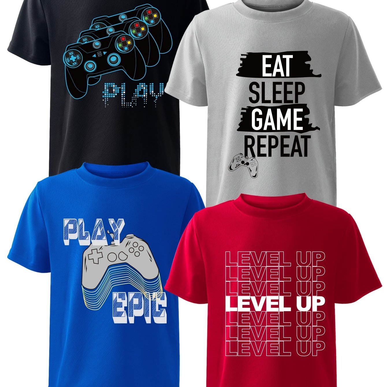 E-shop 4er-Set mehrfarbige Spielcontroller, Kurzarm-T-Shirts mit Buchstabenaufdruck, einfarbige Kinder-T-Shirts mit Spielkonsolen-Aufdruck,
