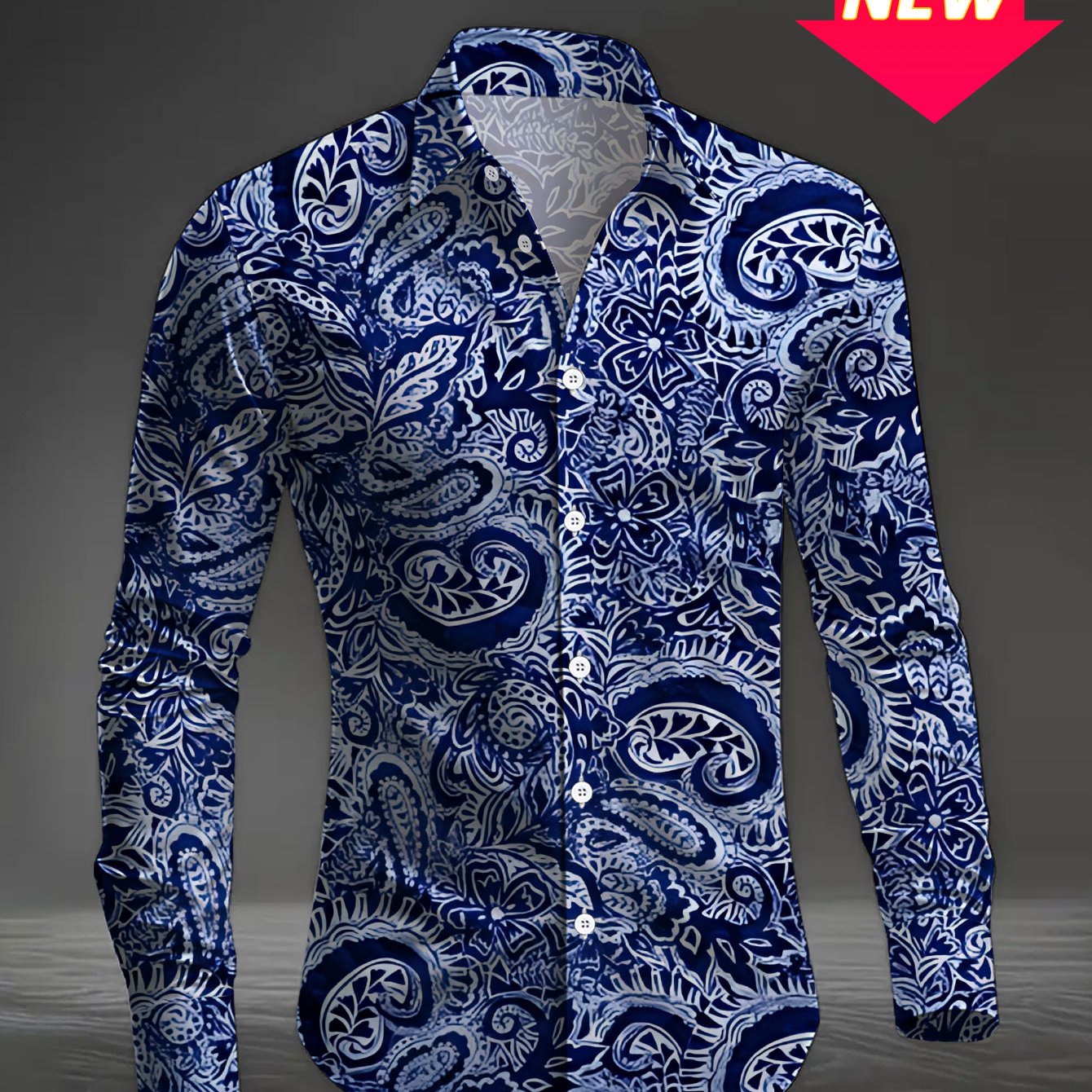 TEMU Plus-size Men's Casual Long-sleeve Printed Shirt In Blue And White Paisley Pattern Style, Versatile And Fashionable Button- Collared Shirt For