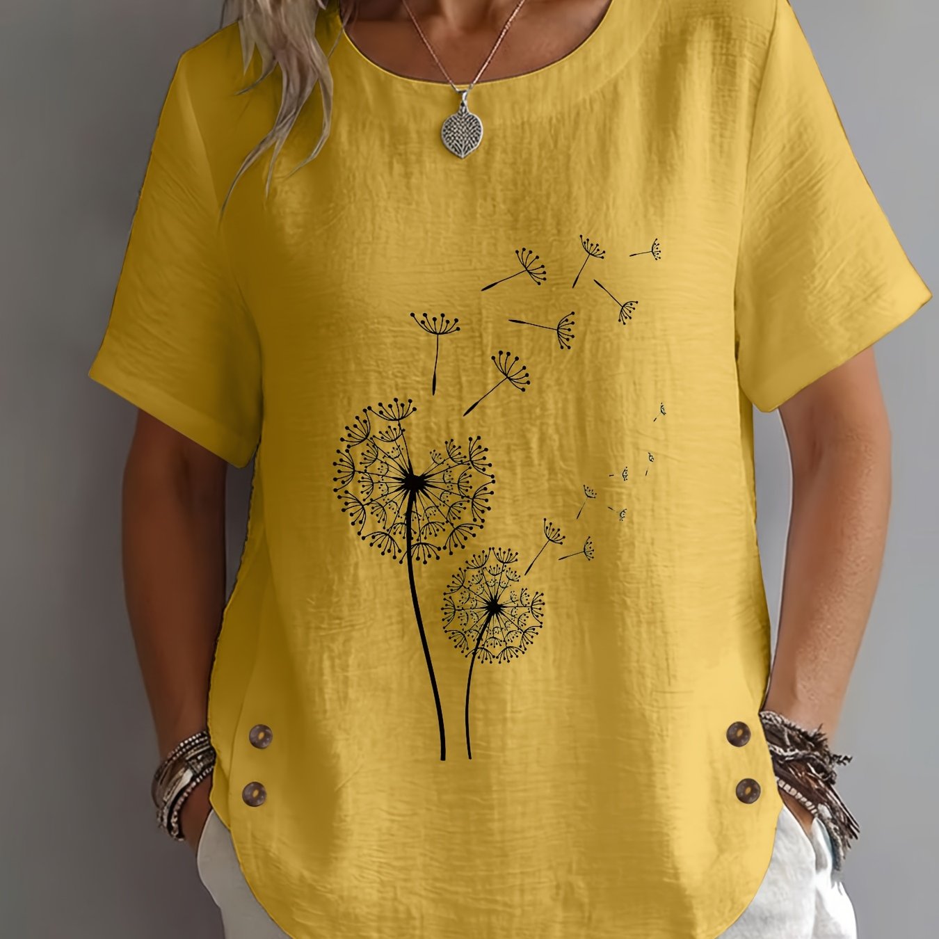 TEMU Spring Summer Women's , , Dandelion Seed Print, Mature Casual Round Neck Short Sleeve, Elegant Clothing