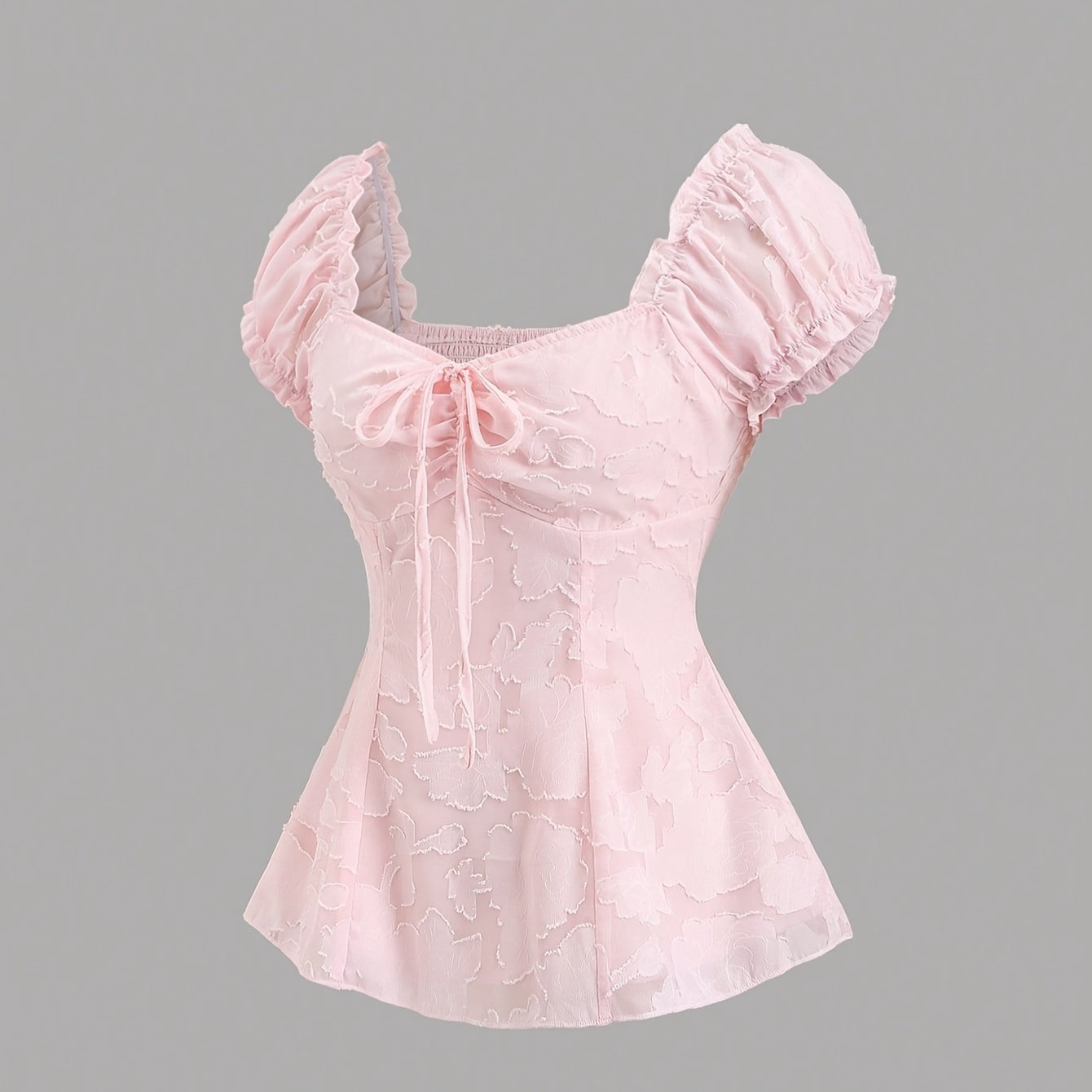 TEMU Women's T-shirt For Spring/summer, Style Jacquard Bubble Sleeve Elegant And Versatile Top, V-neck With Waist For A Fairy Blouse