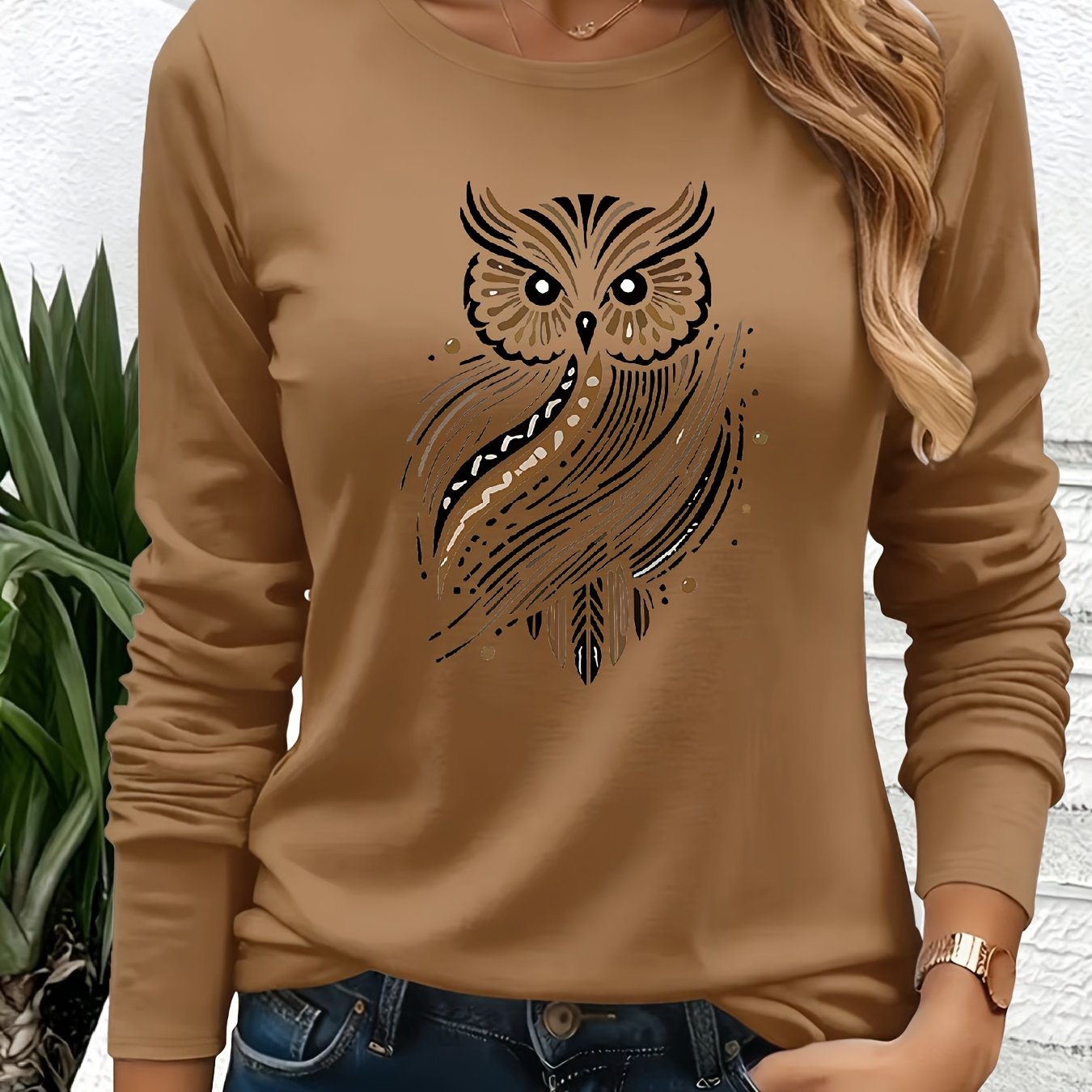 TEMU 1pc Women's Casual Long-sleeve T-shirt - Owl Pattern Print With Golden Accents, Crew Neck Regular Fit Spring/summer Top, Machine Washable, Cute