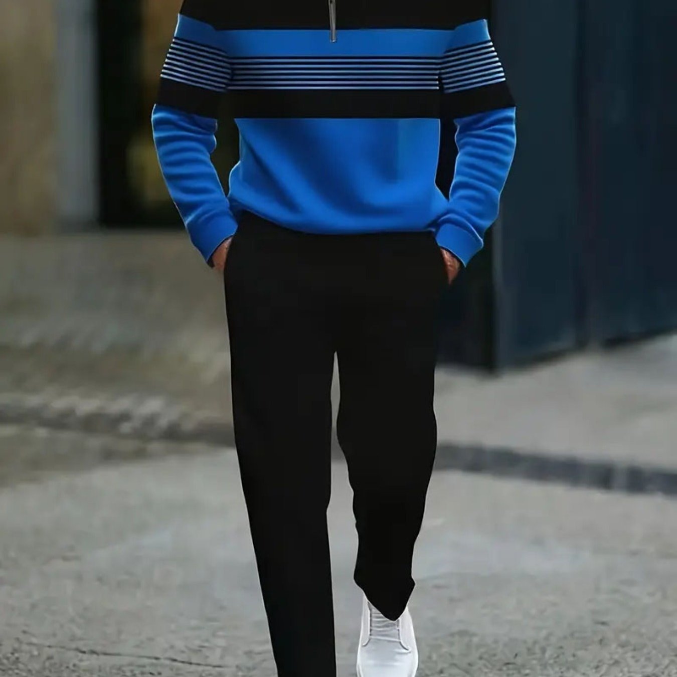 TEMU Men's Relaxed Tracksuit With A Half-zip Style, Fashionable , And A Black And Blue Color Scheme With , Ideal For Casual Adult Attire