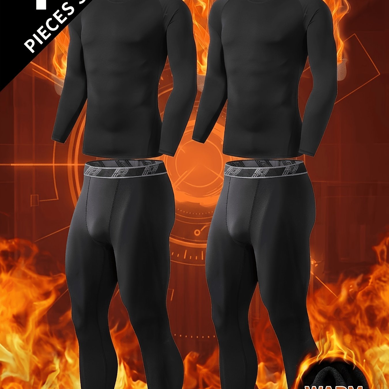 TEMU 4pcs Men's Fleece Lined Compression Suit Thermal Underwear Base Layer Set Long Sleeve Top Pants For Winter Skiing Hunting Outdoor