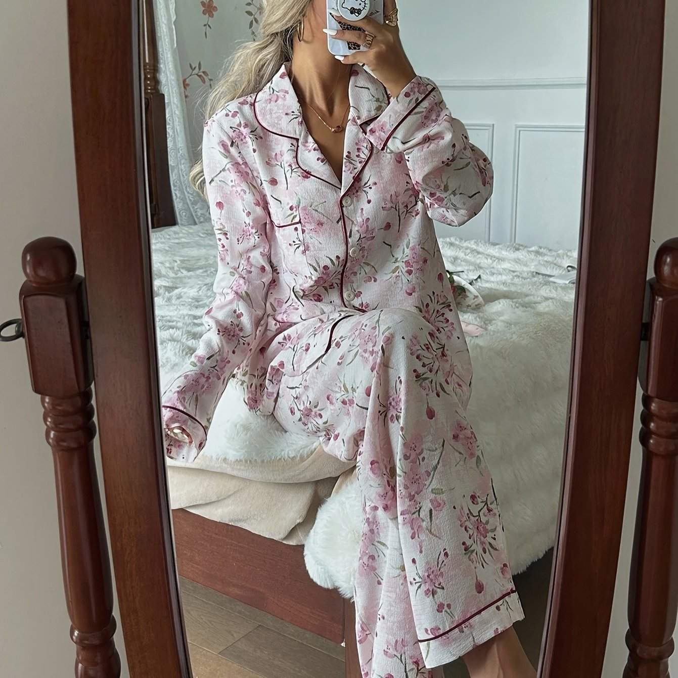 E-shop Luxuriöses Damen-Pyjama-Set mit süßem floralem Allover-Zufallsdruck, weiche bequeme hautfreundliche locker sitzende mit
