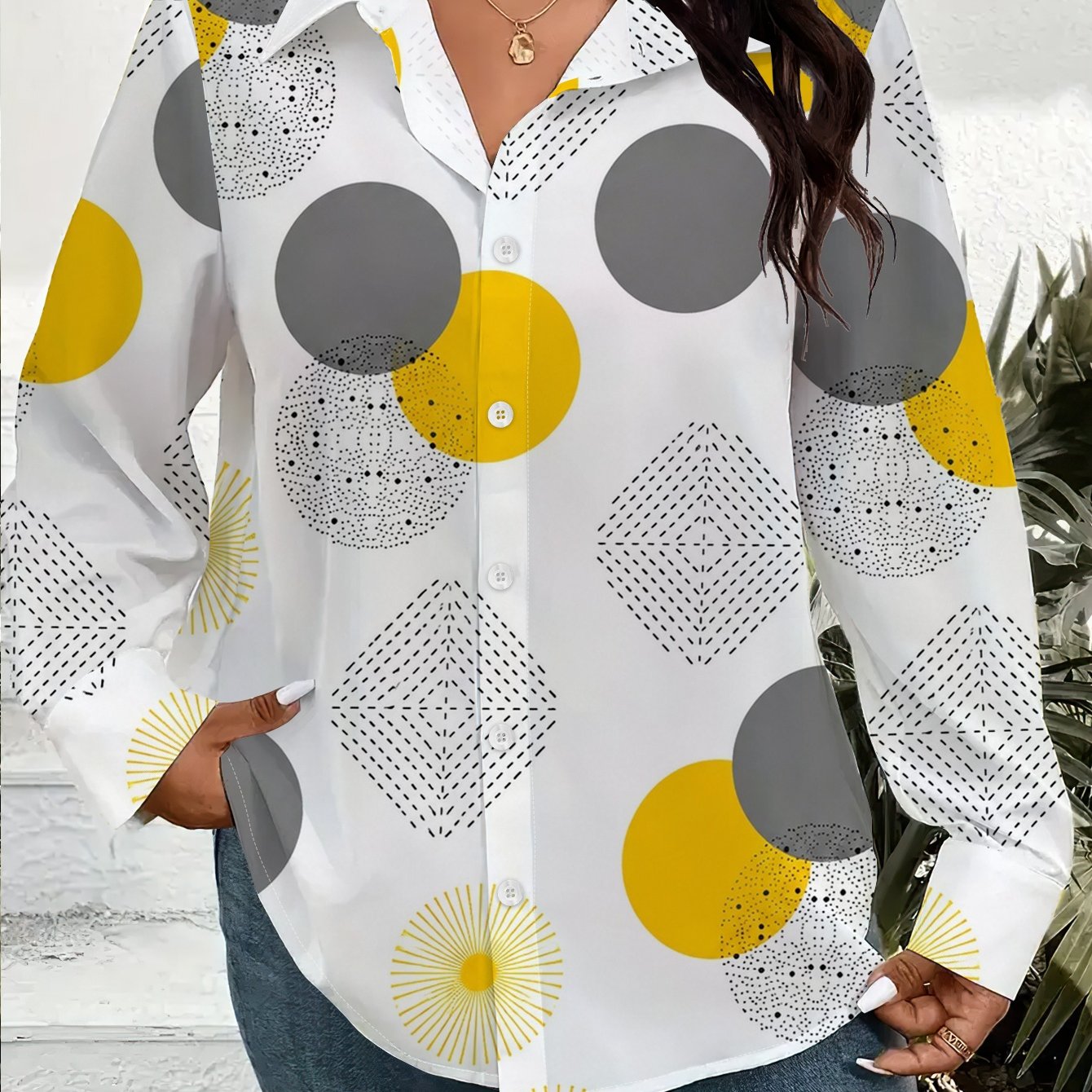 TEMU Plus Size Women's Button- Shirt Cardigan Loose Fit Long Sleeve Printed Blouse Fashion Geometric Pattern Casual Office Lady Tops Lightweight