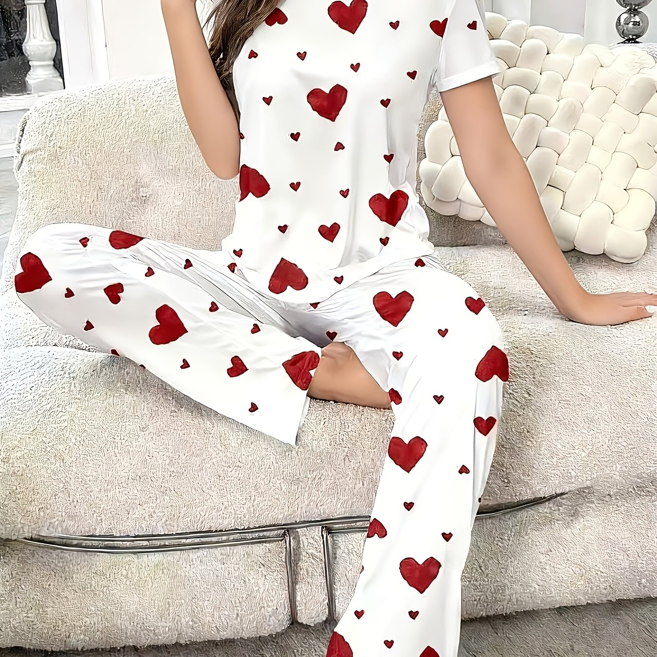 TEMU Damen-Pyjama. Bedrucktes Damen-Pyjama-Set. Ein bequemes Oberteil mit Rundhalsausschnitt Hose mit elastischem Bund ist die perfekte