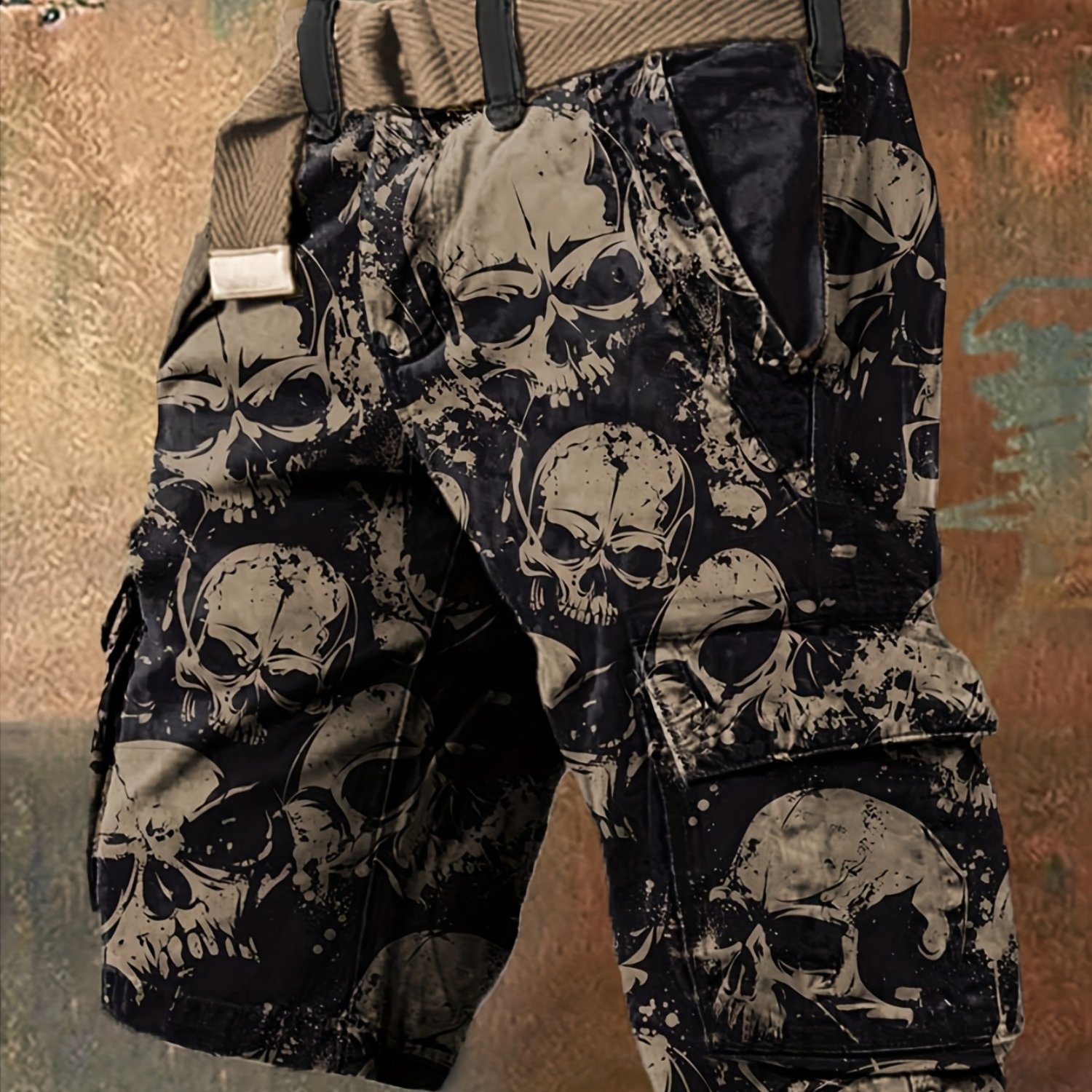 Single-piece Pants (no Belt) Not Denim Fabric Men's Gothic Distressed Denim-style Cargo Shorts With Skull Print And Multiple Pockets - Heavy-duty Workwear Design, Machine Washable