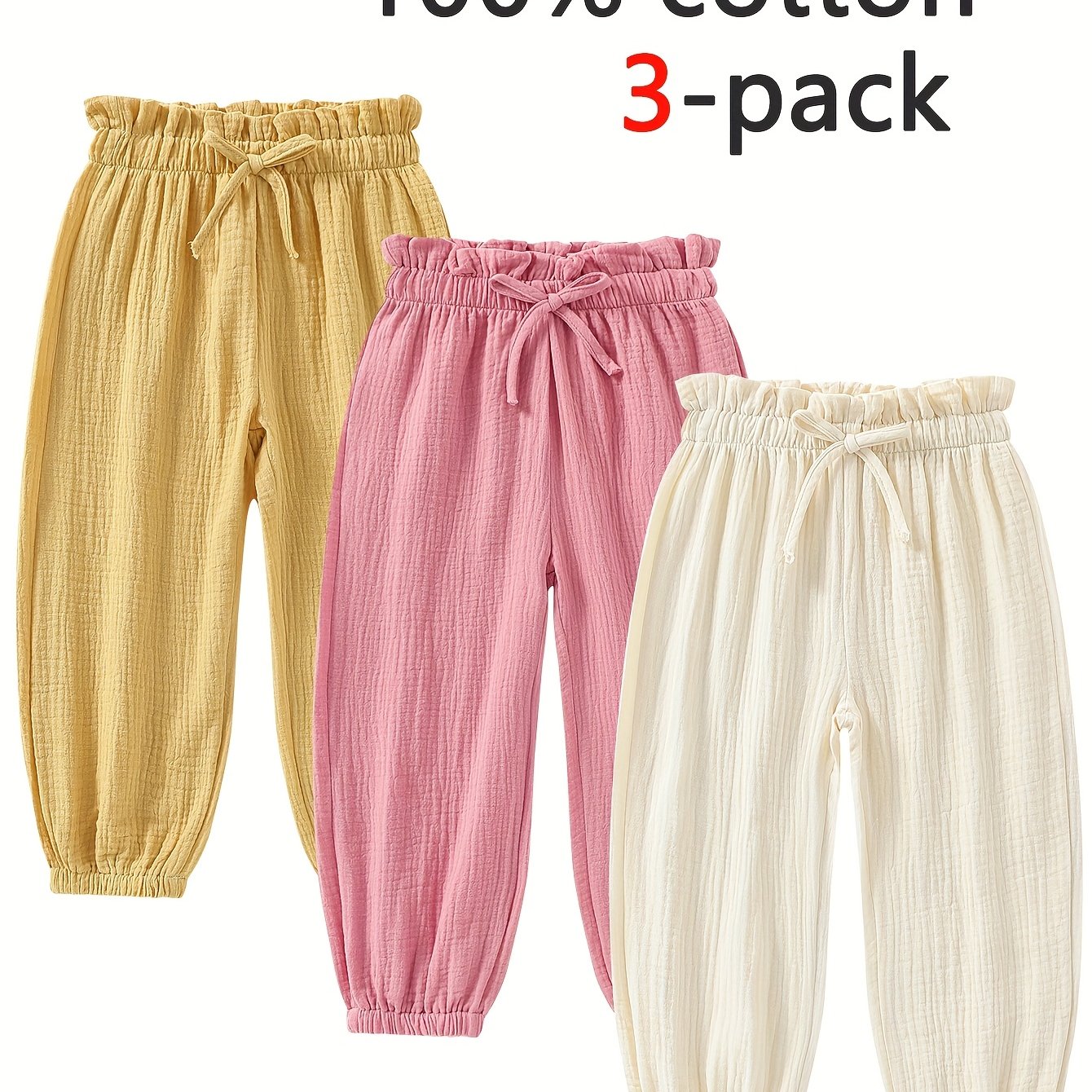 Image of 3pcs 100% Cotton Girls' Long Pants, Spring/autumn Style, Girls' Autumn Harem Pants, Children's Spring Wide-leg Pants, Pure Cotton Jogger Pants, Apricot, Red, ' Pants, Perfect For Outdoor