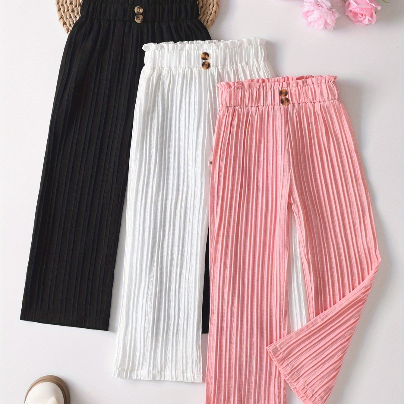Image of 3pcs Set Of Girly Casual Comfortable Paper Bag Trousers, Solid Color Straight Wide-leg Pants, Suitable For Girls /autumn And Summer For Daily Outdoor Wear, Girls' Clothing, For Outdoor