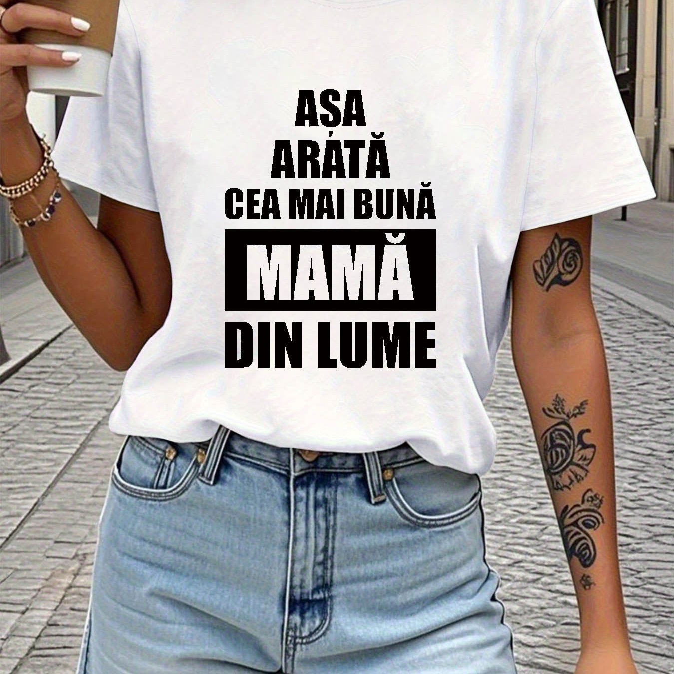 TEMU Women's Romanian T-shirt "acesta Cea Mai BunÄ MamÄ Din " Print - Short Sleeve Crew Neck Casual Blouse-compatible Top Suitable For Spring/summer
