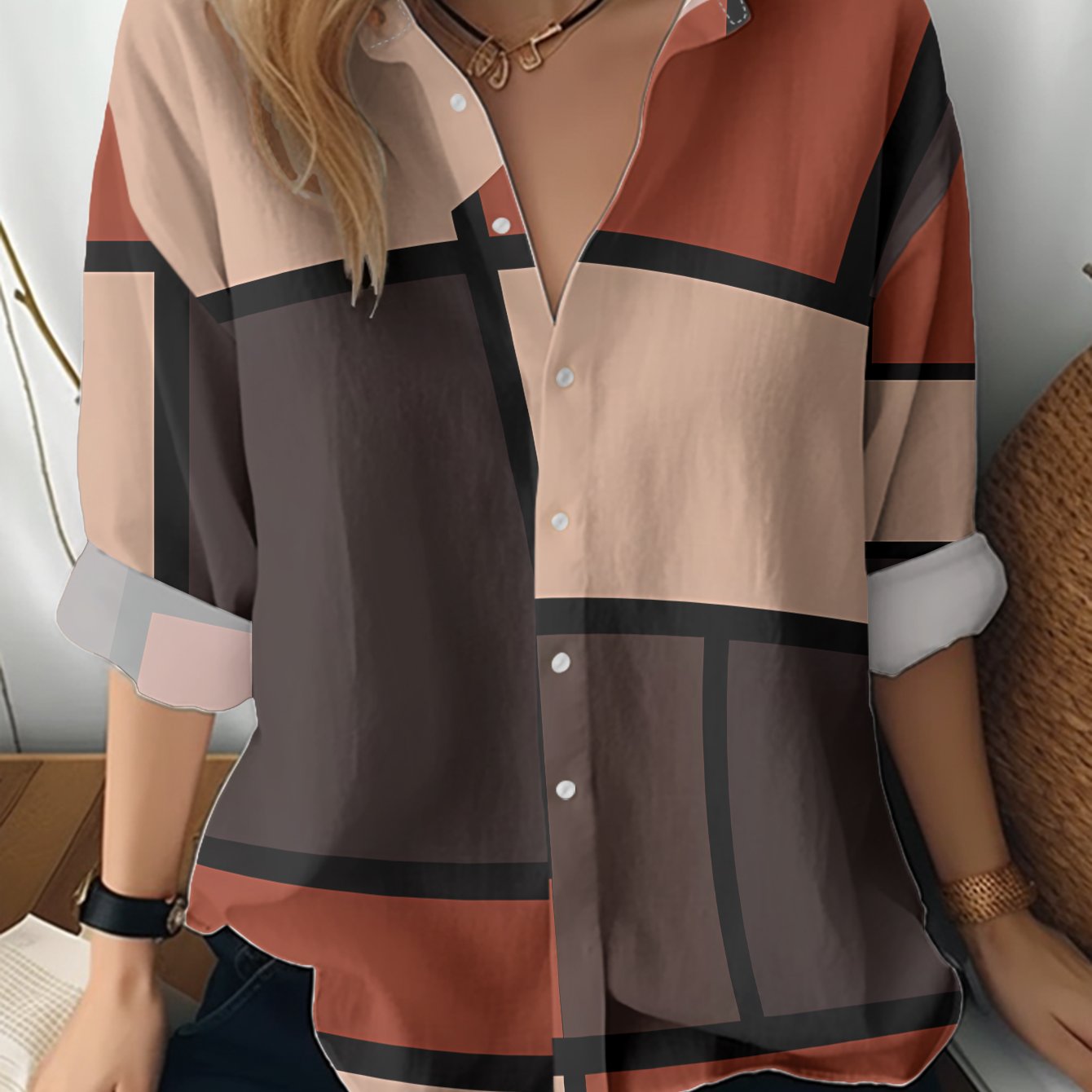 TEMU New Women's Long Sleeve Shirt, This Image Of Black, Brown, Red And Other Color Blocks, Geometric Shape , Minimalist Abstract Pattern Style,