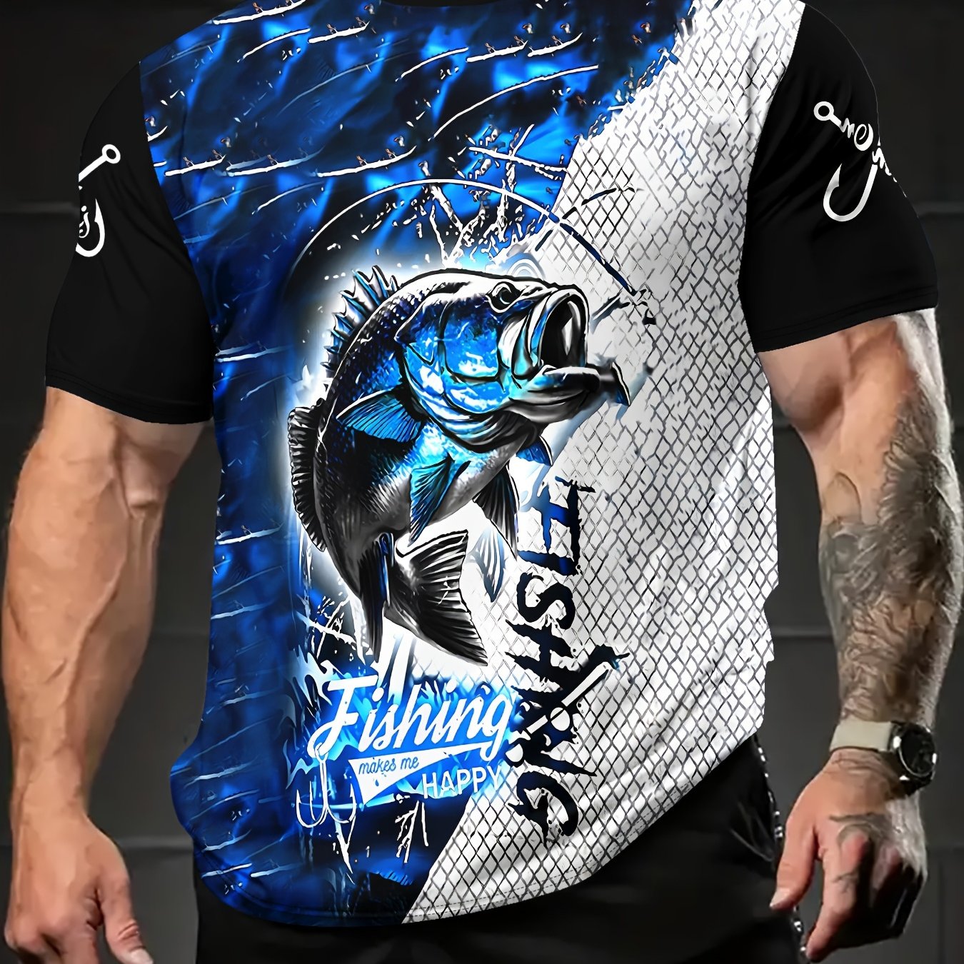 TEMU Men's Summer Fashion Shirt With Bright Fish Print, Casual Outdoor Short Sleeve Crew Neck Shirt, Breathable Polyester Fiber, Washable, Plus Size
