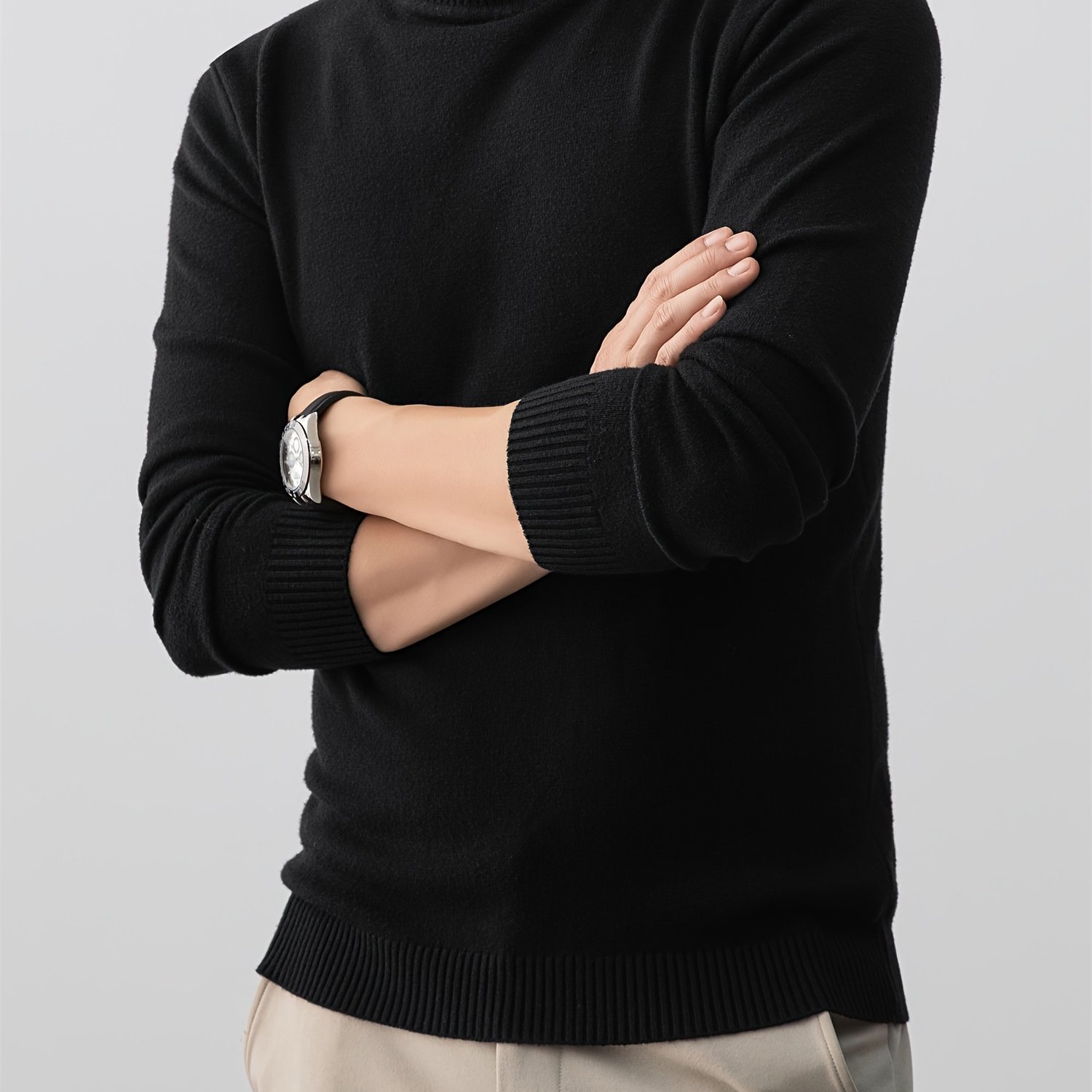 TEMU Men's Autumn/winter Casual Fashion Solid Color Turtleneck Sweater, Slim Fit Stretch Knit Long Sleeve Base Layer, -proof Inner Pullover Sweater
