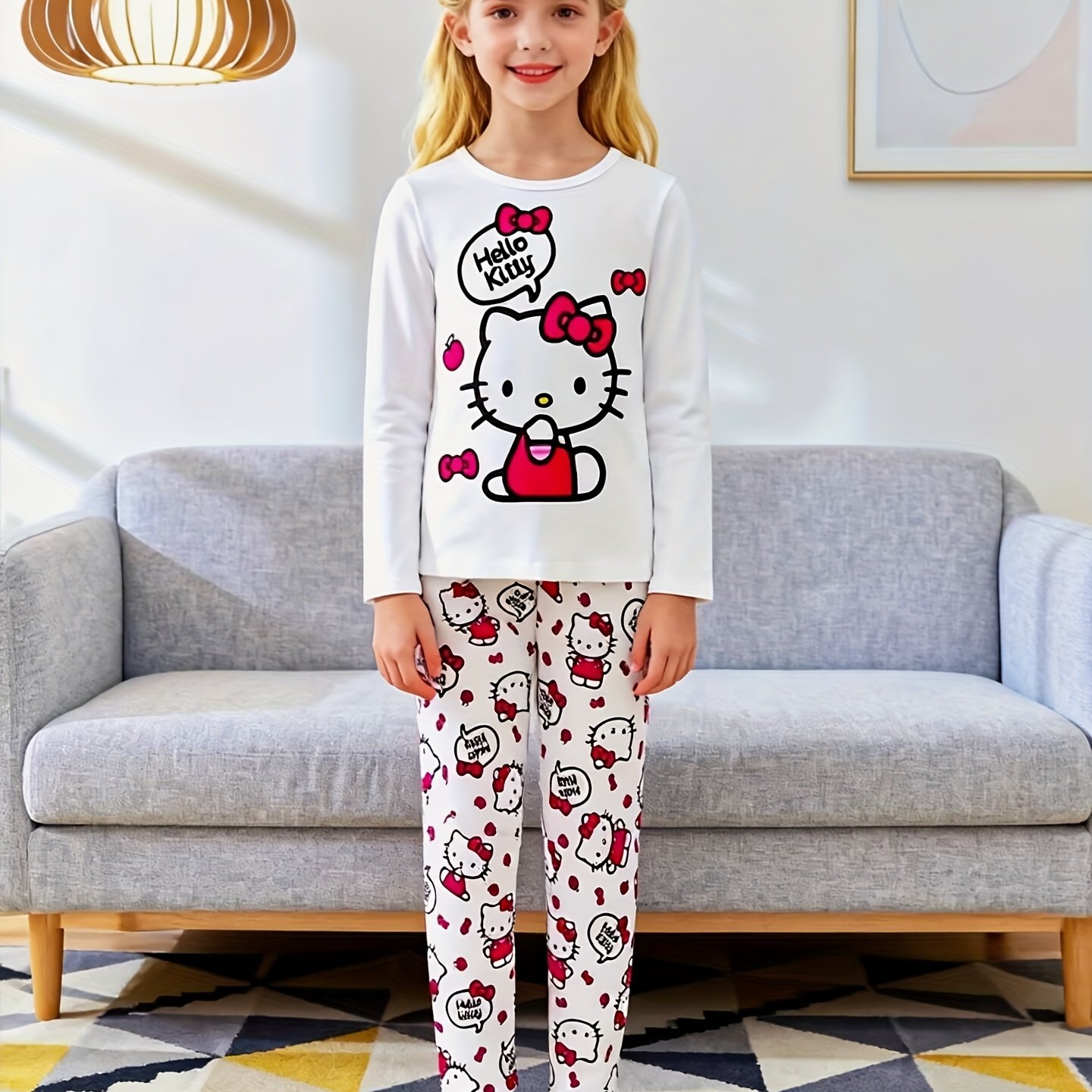 Spring/autumn New Arrival Hello Kitty Cute Print White Long-sleeve Top + Print Slim-fit Long Pants