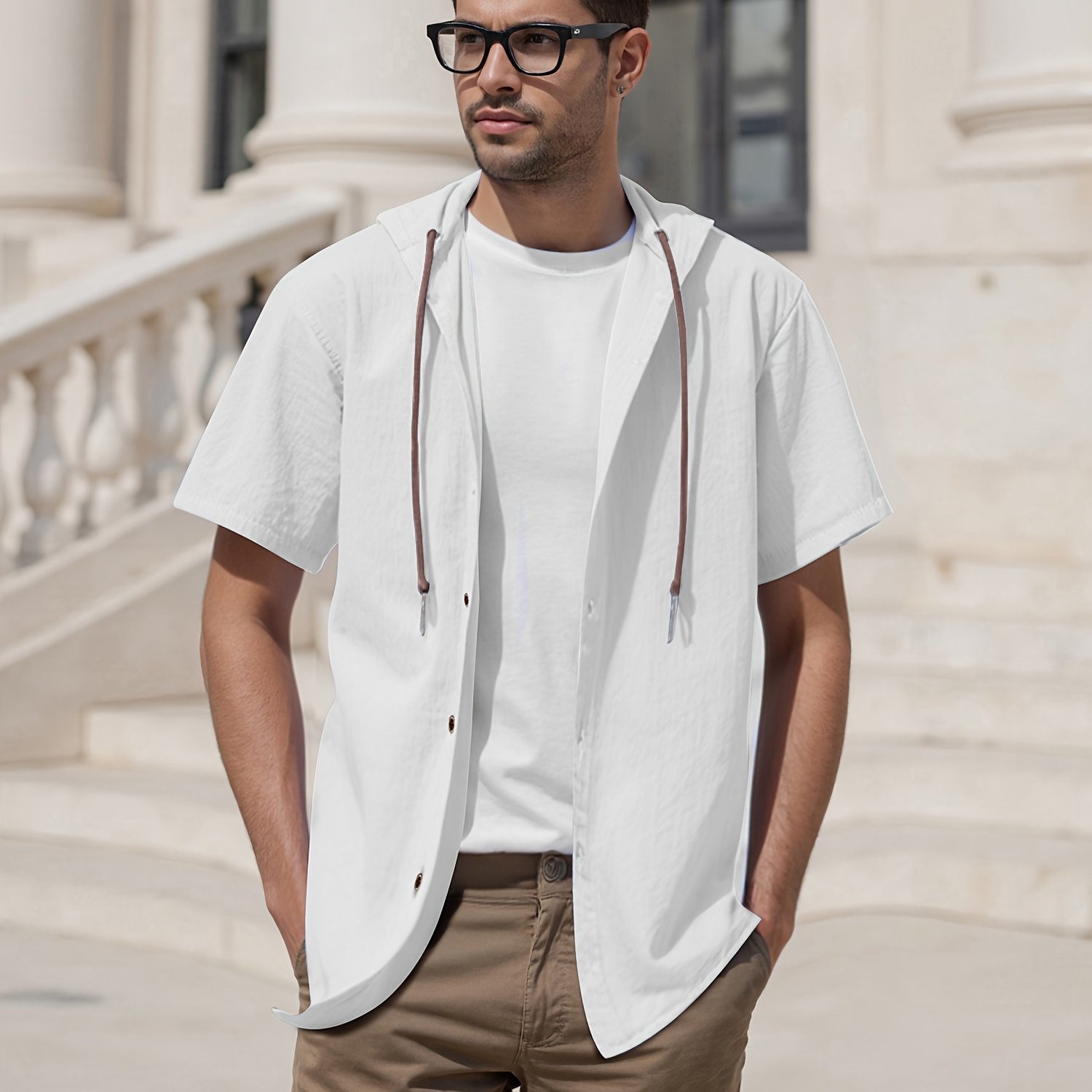 TEMU Men's - Short Sleeve Hooded T-shirt - Lightweight Breathable Linen-polyester Blend, Sporty Casual H- For Summer Beach Vacation & Streetwear, Machine Washable