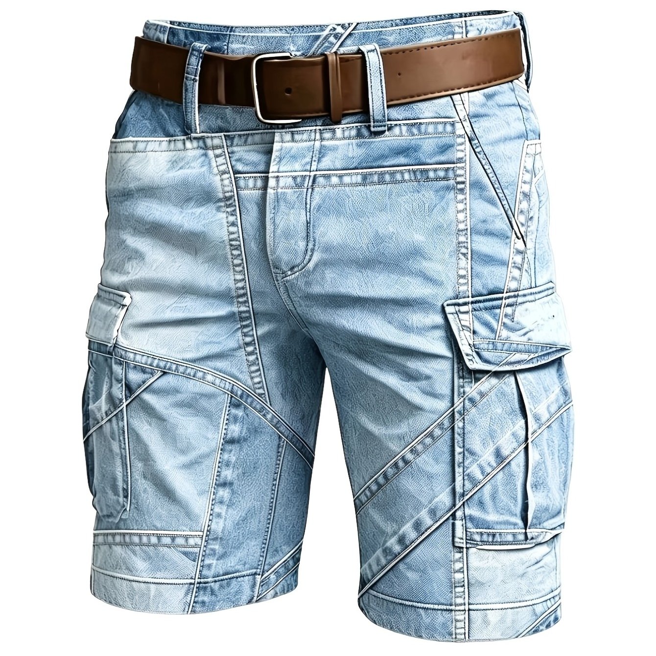 TEMU 1pc Men' Wash Denim Cargo Shorts - Vintage Spliced Multi-pocket Loose Fit Camo Shorts Suitable For Summer, Beach Trips, Outdoor & Casual