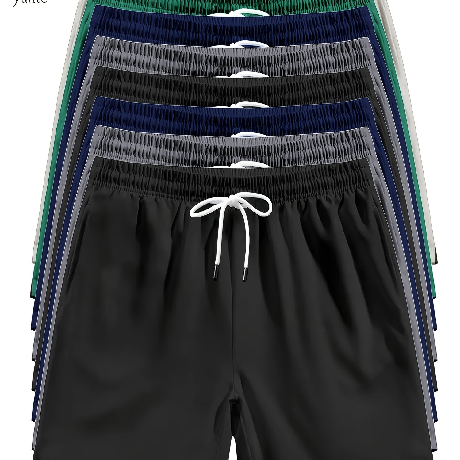 TEMU 8-pc Of Men's Casual Loose-fitting Quick-drying Athletic Shorts In Black-gray-navy-black-gray-navy-green-beige, Elastic Waistband And Drawstring