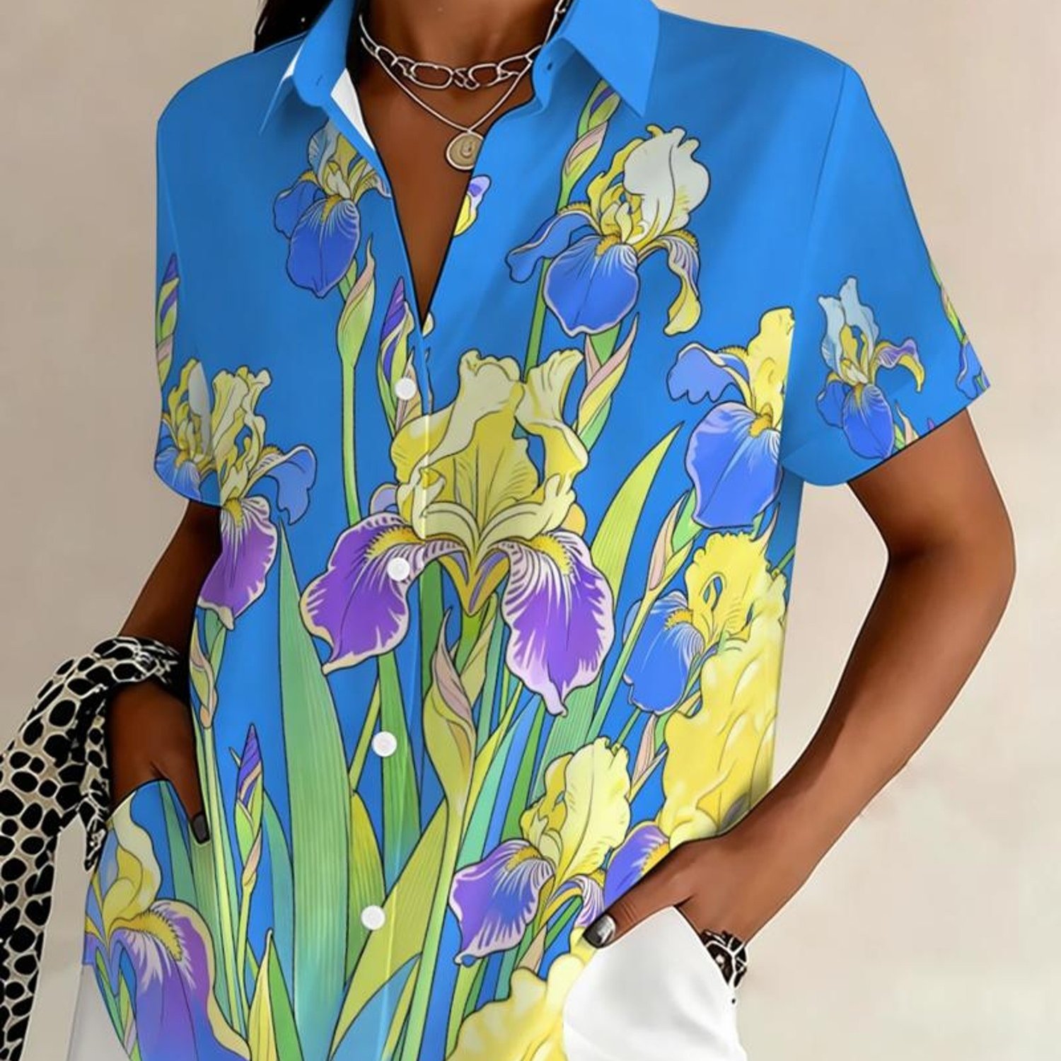 TEMU Plus Size, Plus-size Women's Summer Short-sleeve Lapel Shirt, Button-up Cardigan Top With Iris Floral Print, Fashionable -style , Suitable For