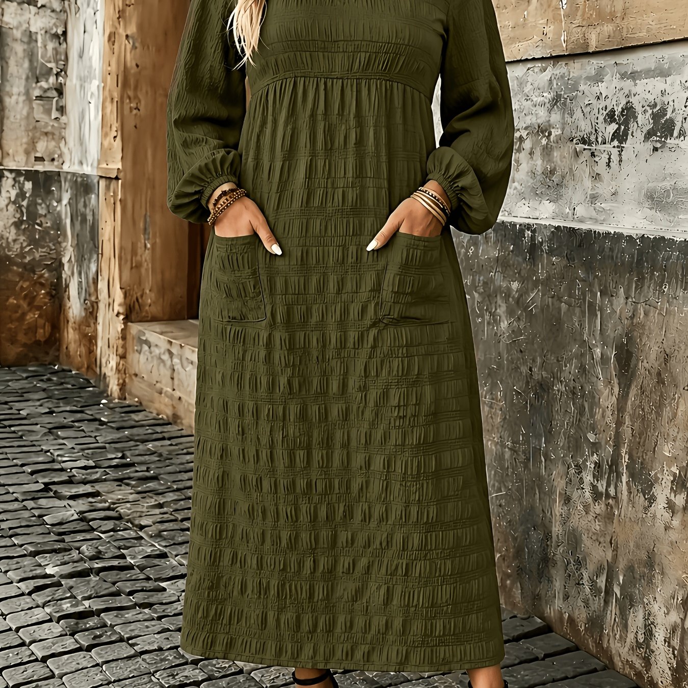 TEMU Plus Size Women's Spring Autumn Round Neck Puff Sleeve Pocket Dress, Elegant Back-to- Gift, Vacation Maxi Dress