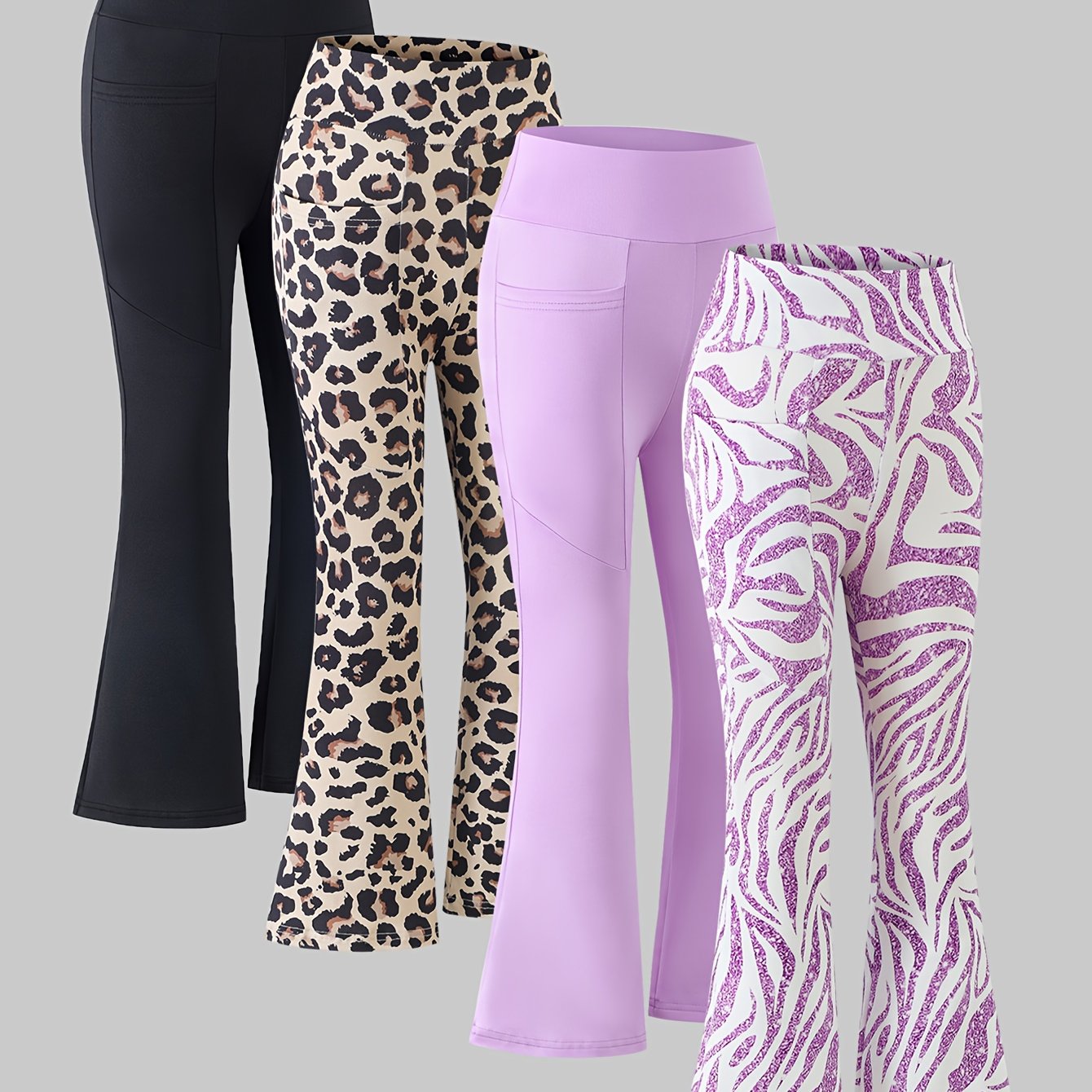 Girl's 4pcs Set High-waisted Stretchy Slim-fit Flared Pants With , Solid Color And Leopard Print, Suitable For Outdoor, Sports, Casual, Party Scenes, Versatile Style, Perfect For Outdoor