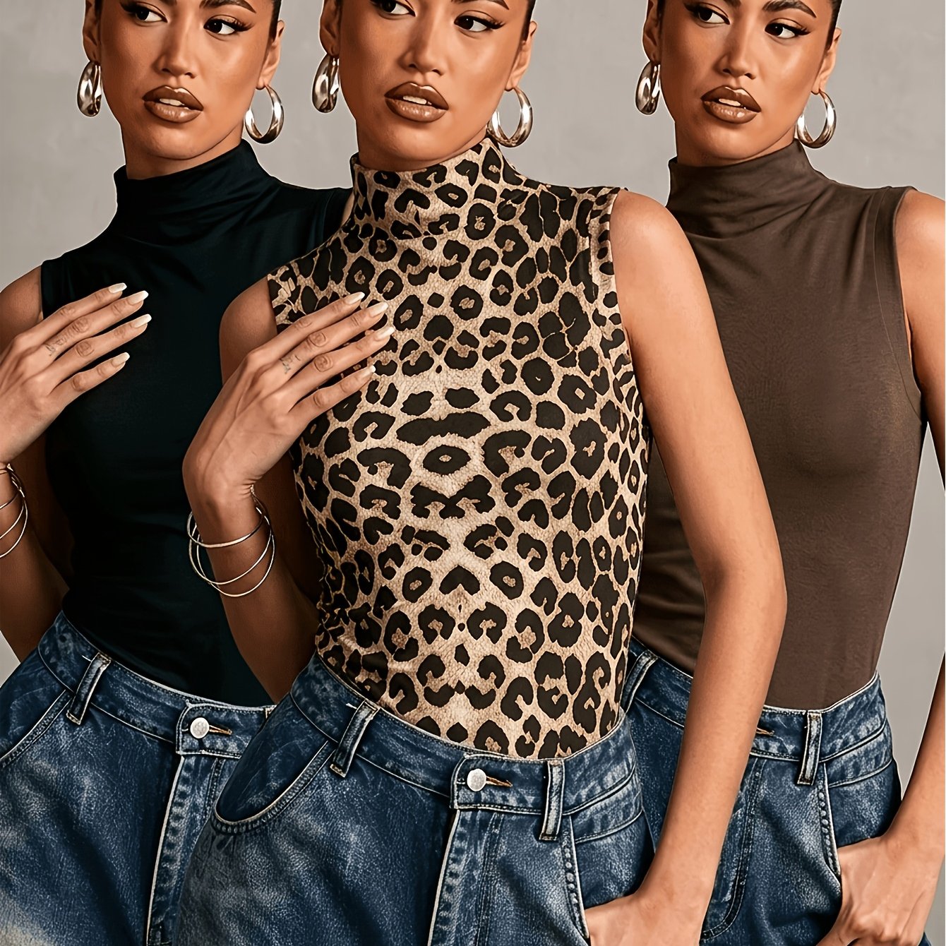 TEMU 3-teiliges Set Frühling Herbst Winter Halb-Kragen Ärmelloses Weste Damen Basic Slim Basis Layer Top, Figurbetonter Körpernäherer Innenbereich