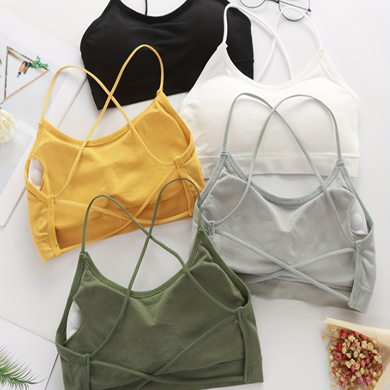 TEMU Conjunto de 5 sujetadores deportivos inalámbricos para mujer con un hermoso espalda para yoga