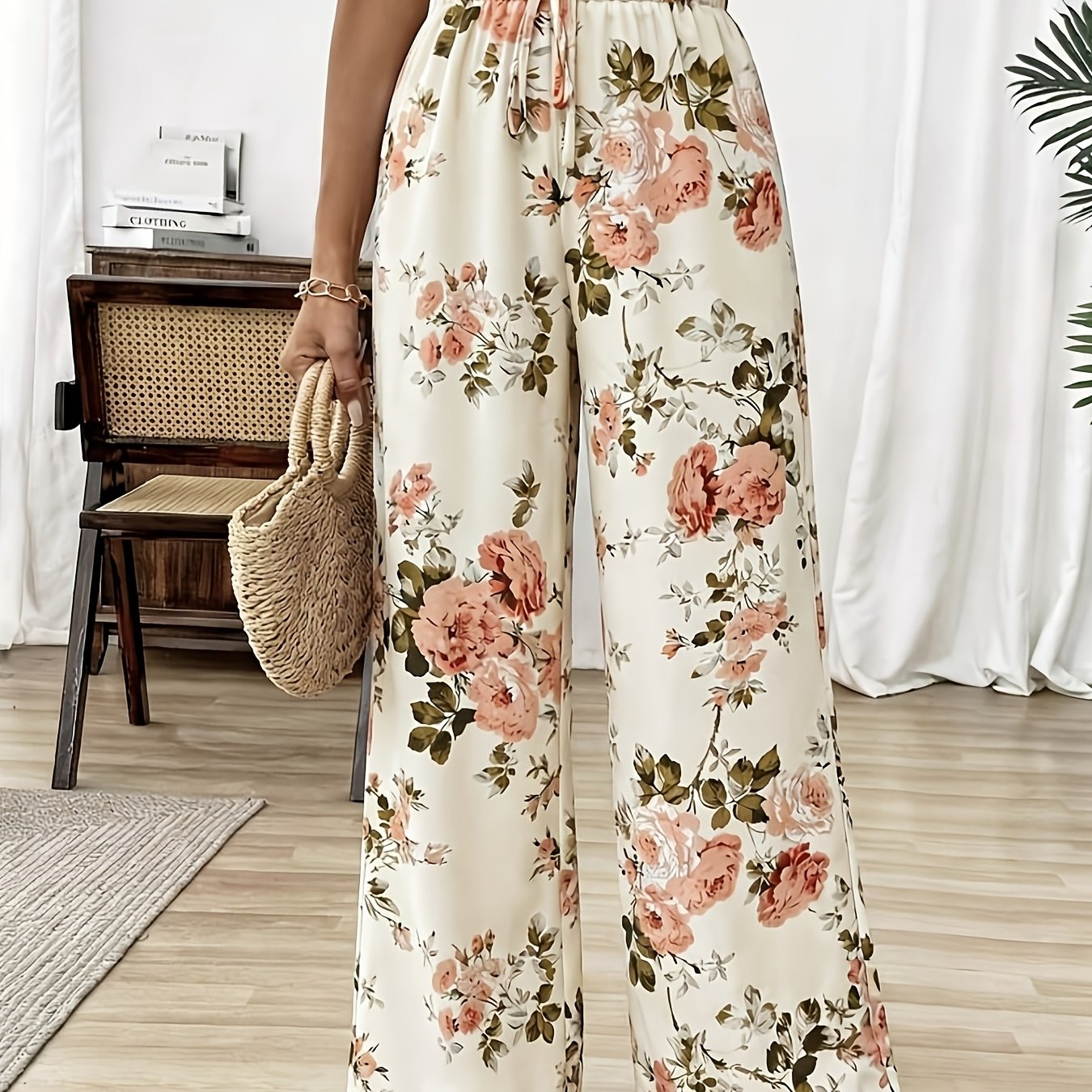 TEMU Women's Loose-fit High-waist Bohemian Style Printed Casual Vacation Trousers, Featuring An Elastic Waistband, Suitable For Office Commutes And