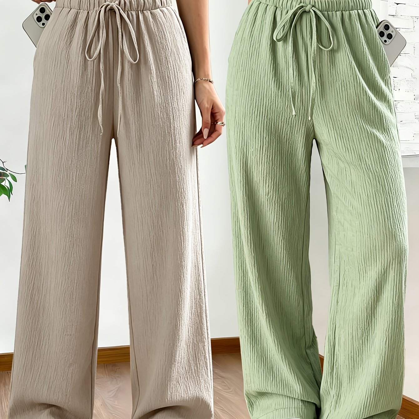 TEMU 2pcs Women's Elegant Tie-waist Wide-leg Pants - Textured Fabric, Summer, Machine Washable, For Casual And Vacation Wear