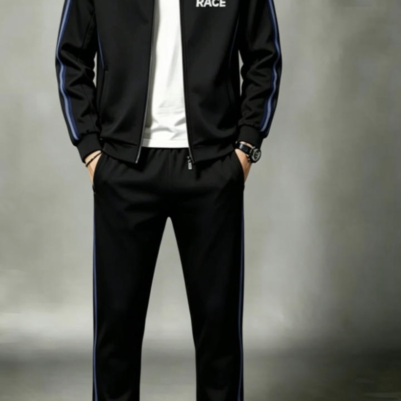 Image of Stand Collar Zip Up White Tracksuit Set Dark Flame Race Graphic Print Men's Fashion Casual Sportswear Adults Men Fall Winter Street Style Daily Wear Holiday Gift