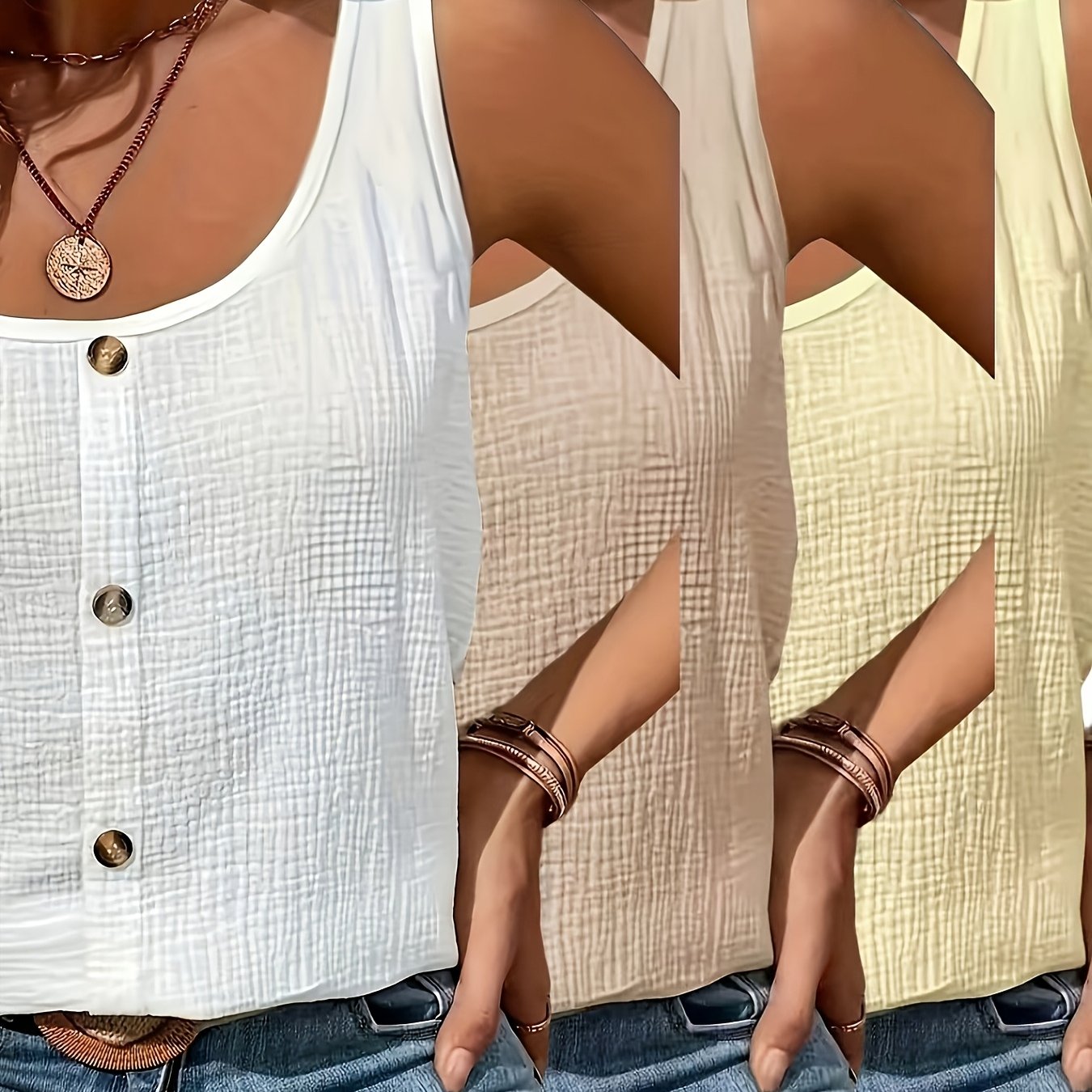 TEMU 3-pack Elastic Texture Versatile Vests | Elegant Scoop Neck, Solid Color, Summer Season, Button Details