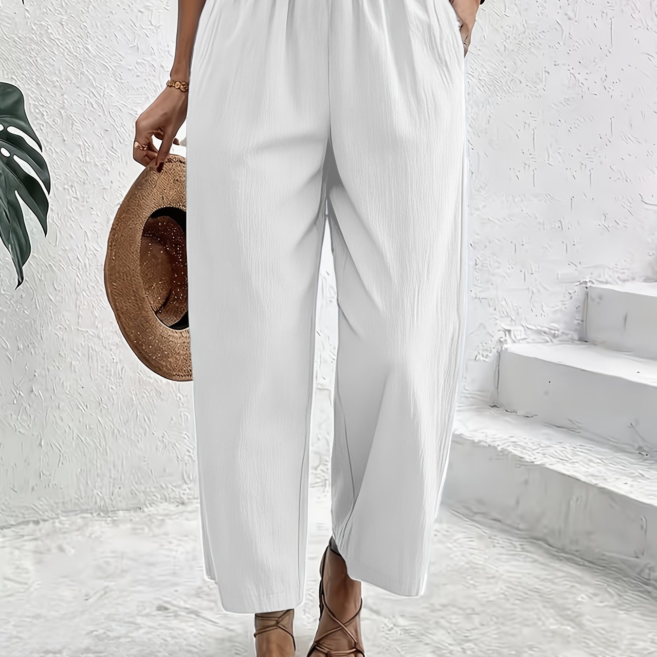 TEMU Loose Long Pants, Women' Color Trousers, Fashion Casual Pants Women's Trousers Beach Pants Lightweight Breathable, With Double Pockets, Elastic