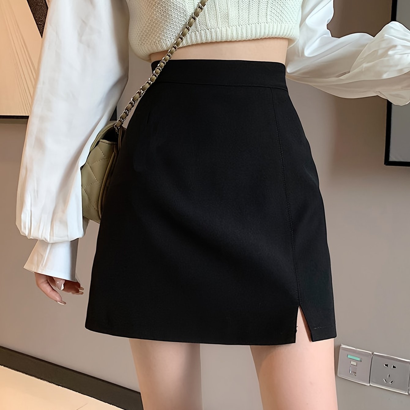 Image of In-stock High-quality Hip-hugging Half Skirt For Petite Women, Slit Design To Prevent , Short Skirt-pants, Black With Back Zipper, A-line Tweed Skirt